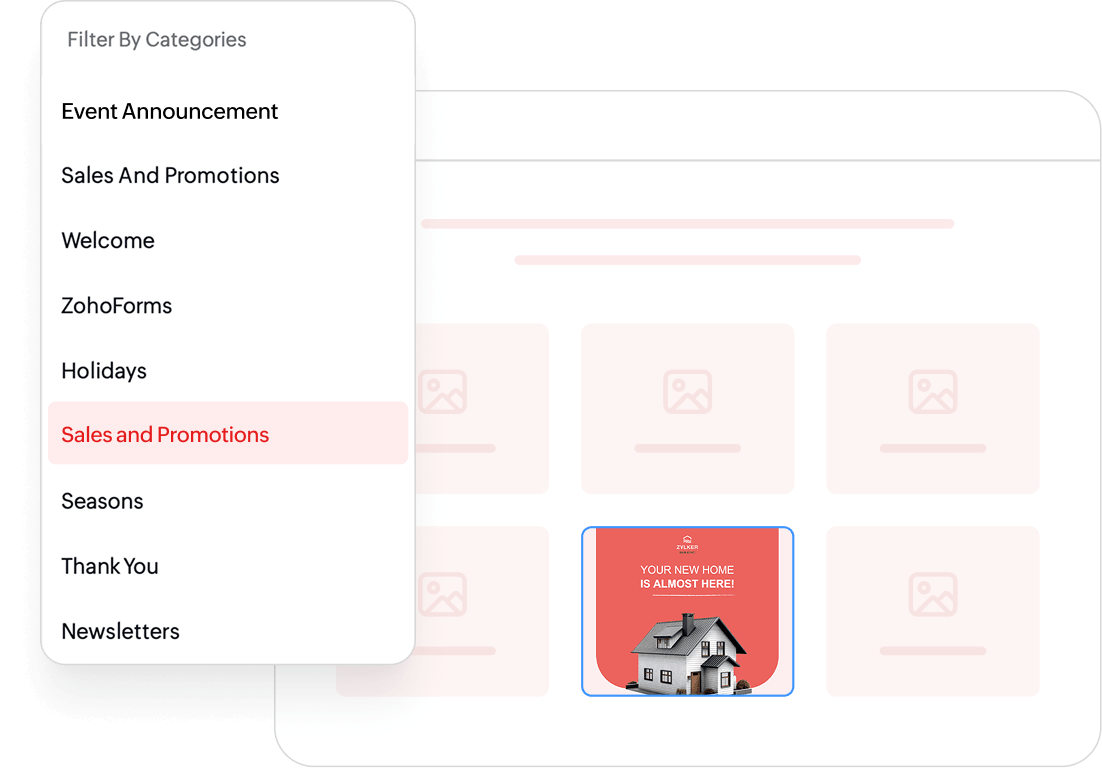 Template gallery filtered by categories with a sales and promotions template selected.