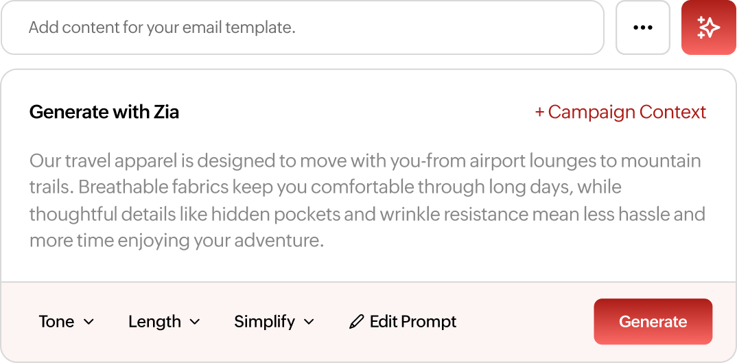 Generate with Zia panel creating email content with tone and length controls.