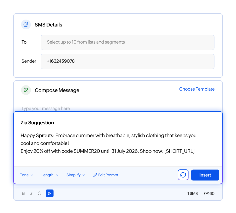 Generating SMS content with Zia