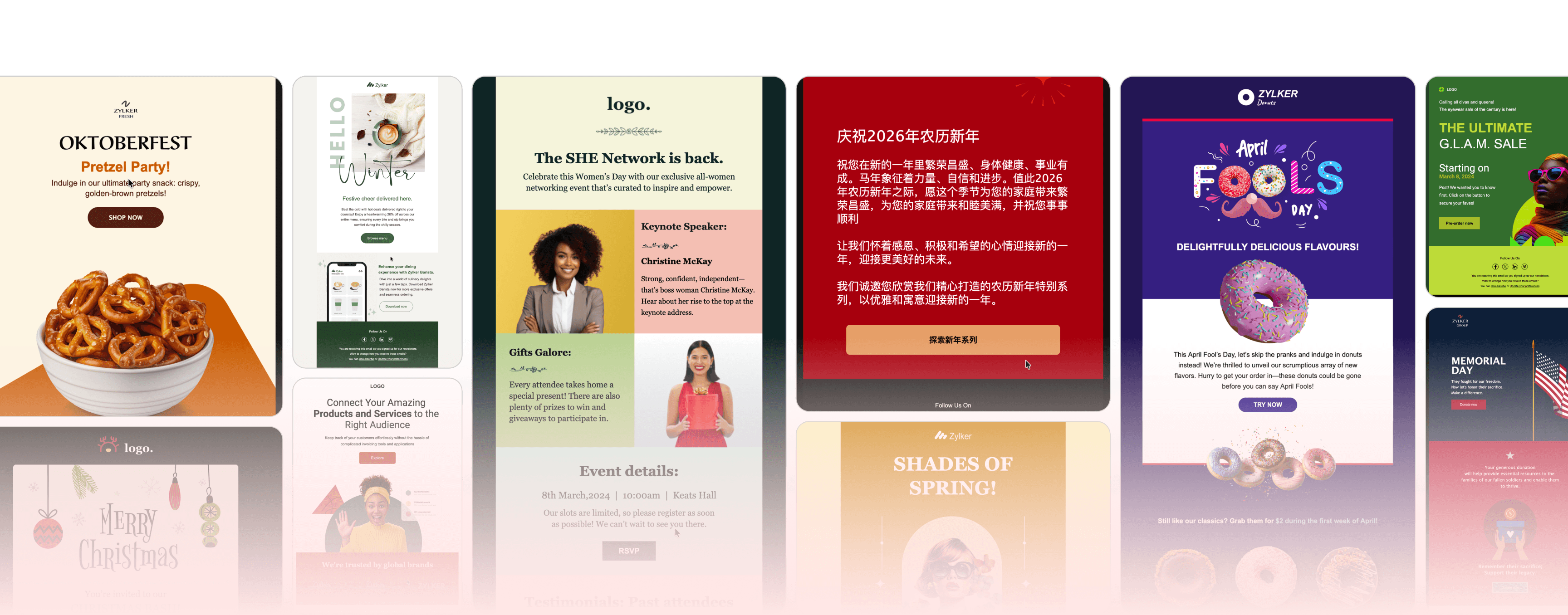 Collage of professionally designed email templates created with the Zoho Campaigns template editor.