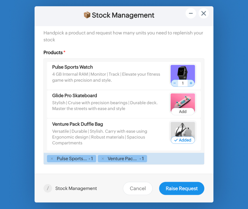 Stock Management Catalogue Input form in Zoho Cliq Platform