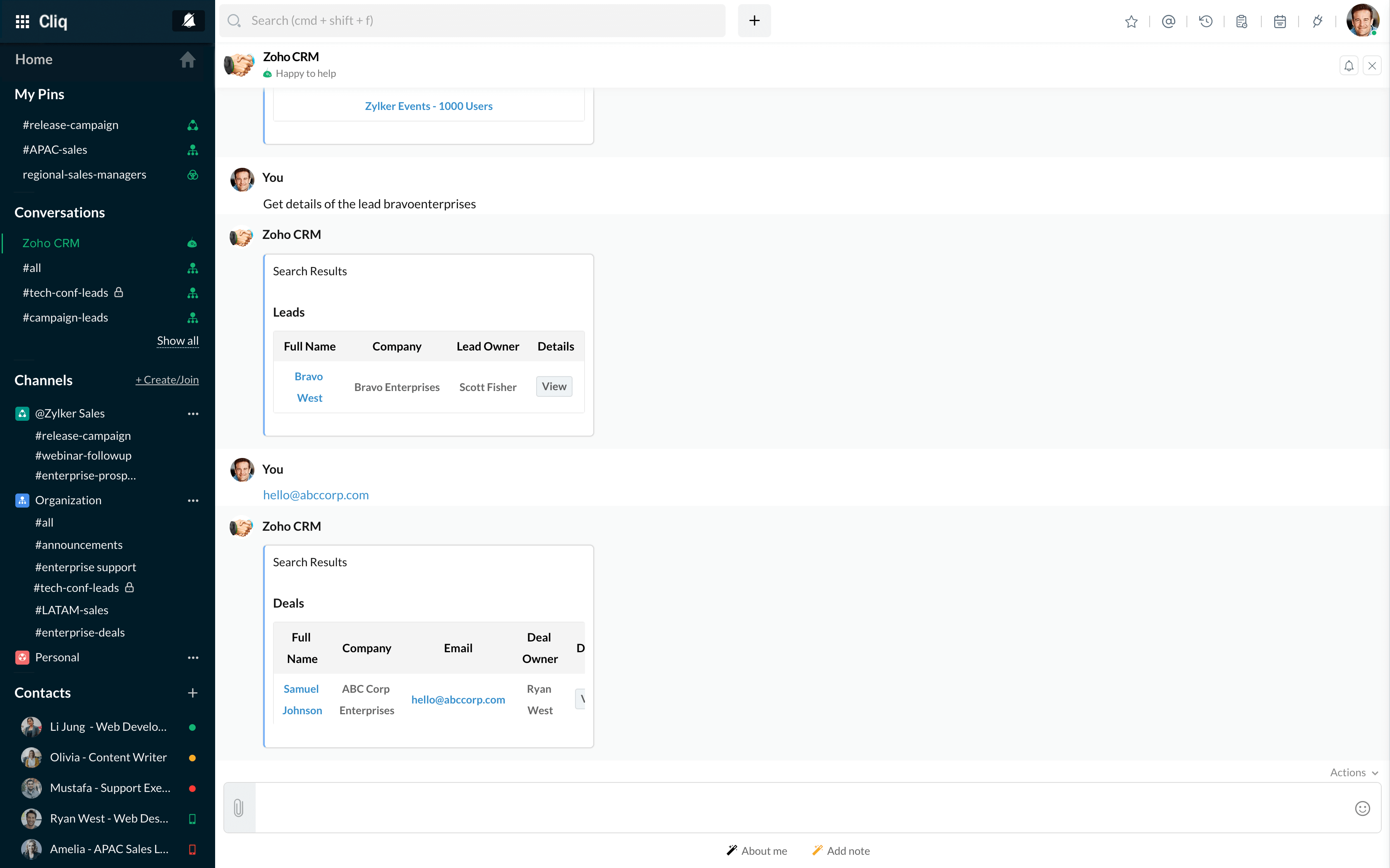 Cliq integration with Zoho CRM