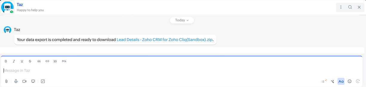download link to access exported data in taz bot zoho cliq