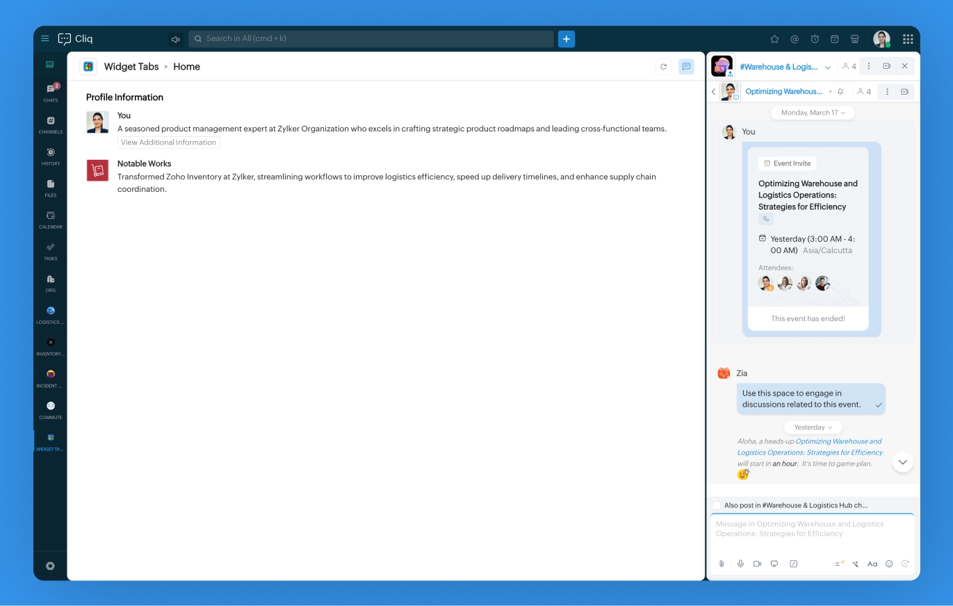 Standard Activity and User Activity elements of Cliq Widgets in Zoho Cliq