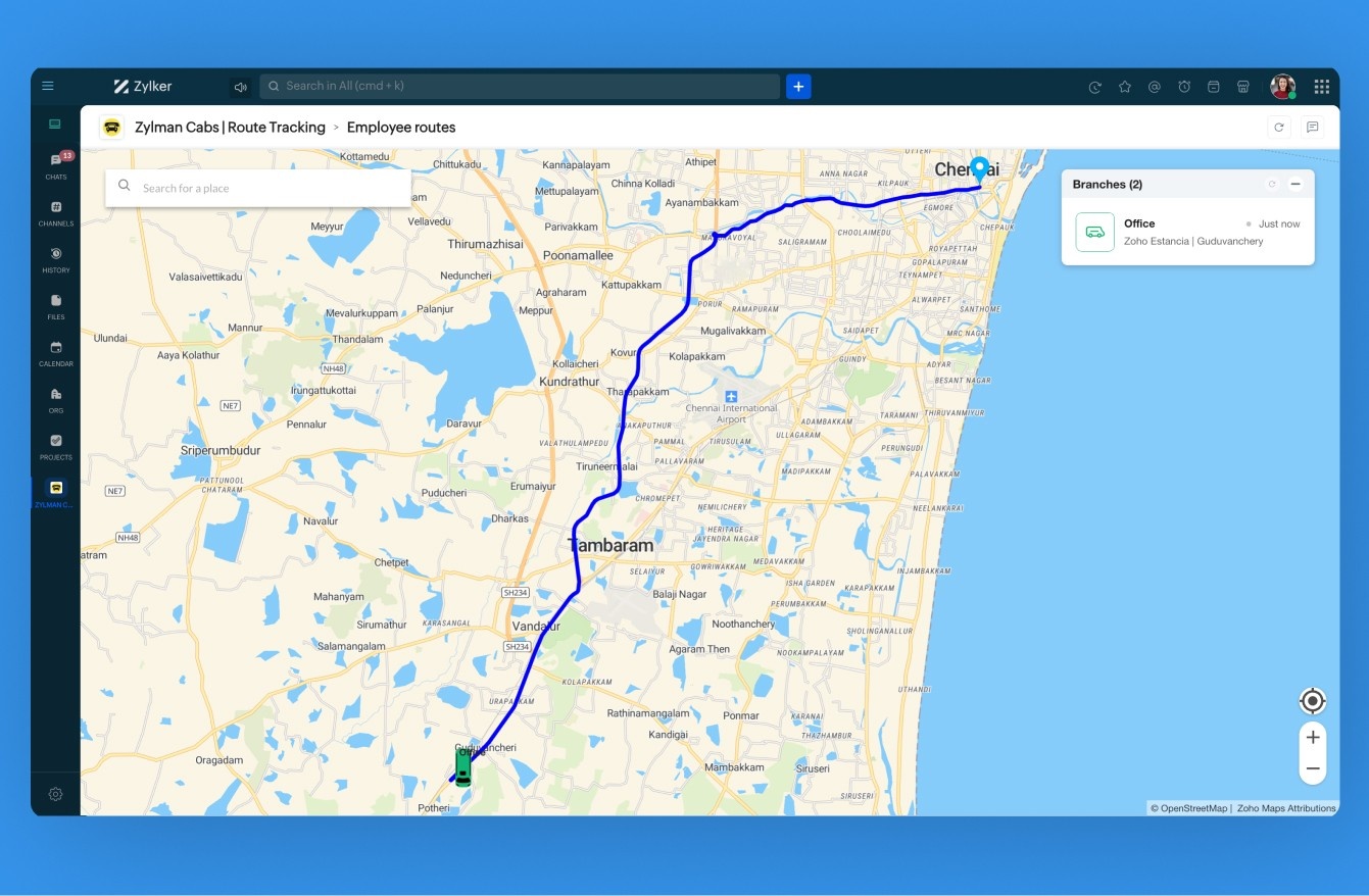 Route tracking in Zoho Cliq widgets map view