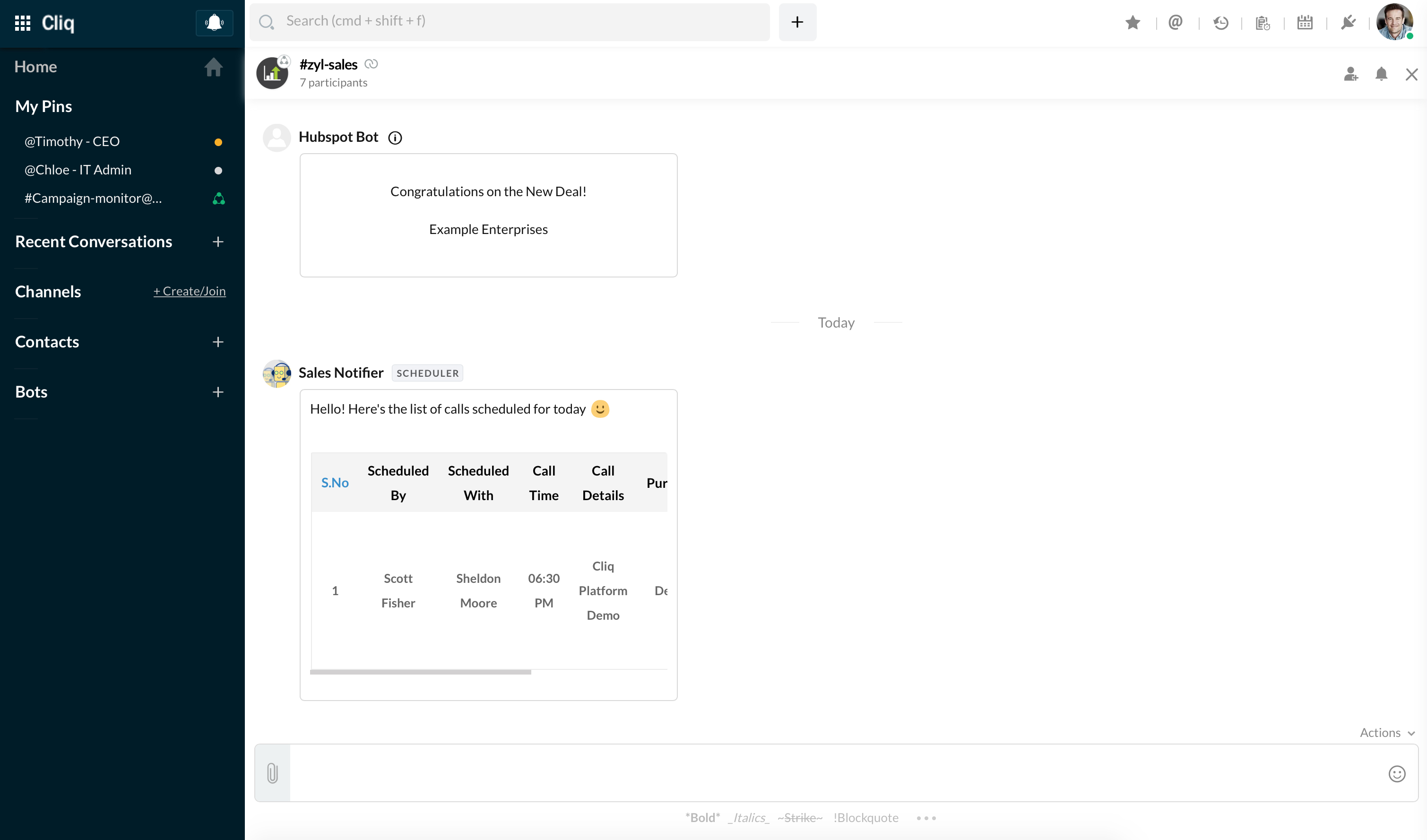 Sales calls for the day posted in the #zyl-sales channel Sales calls for the day posted in the #zyl-sales channel