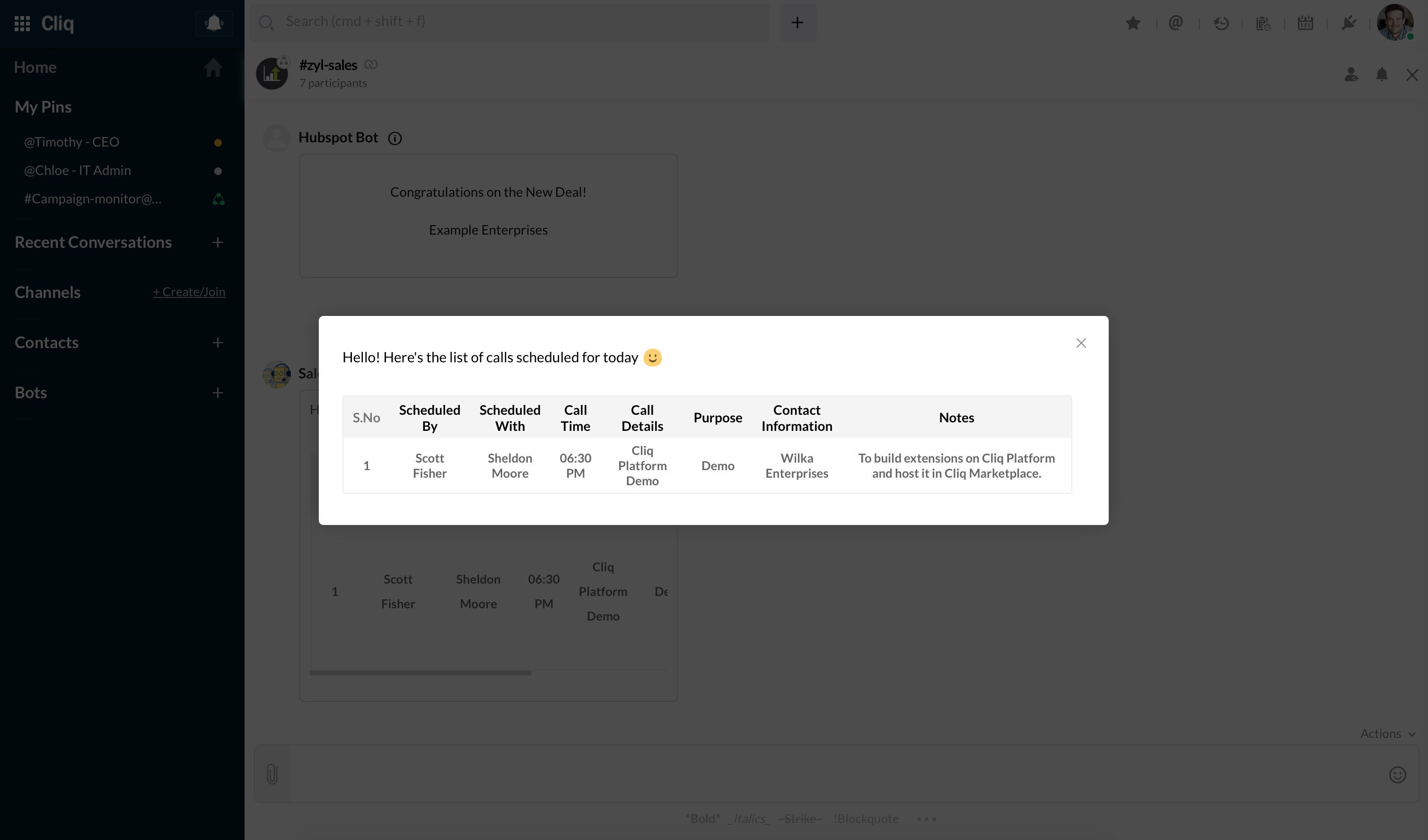 Calls for the day posted in #zyl-sales channel Calls for the day posted in #zyl-sales channel