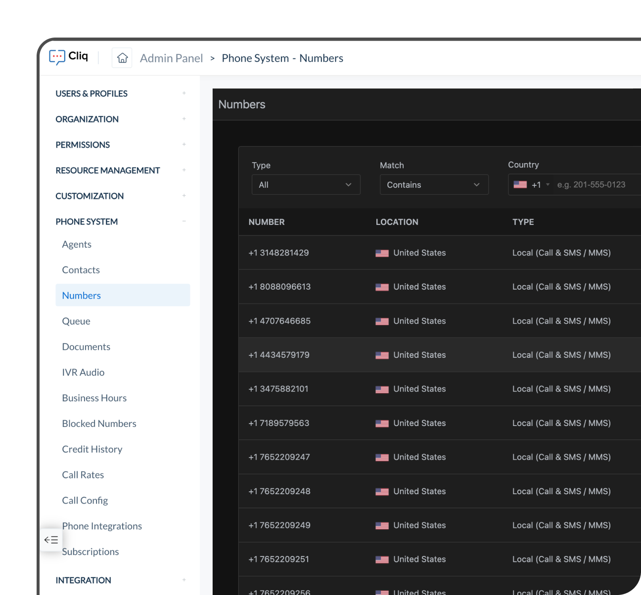 Purchase phone numbers interface