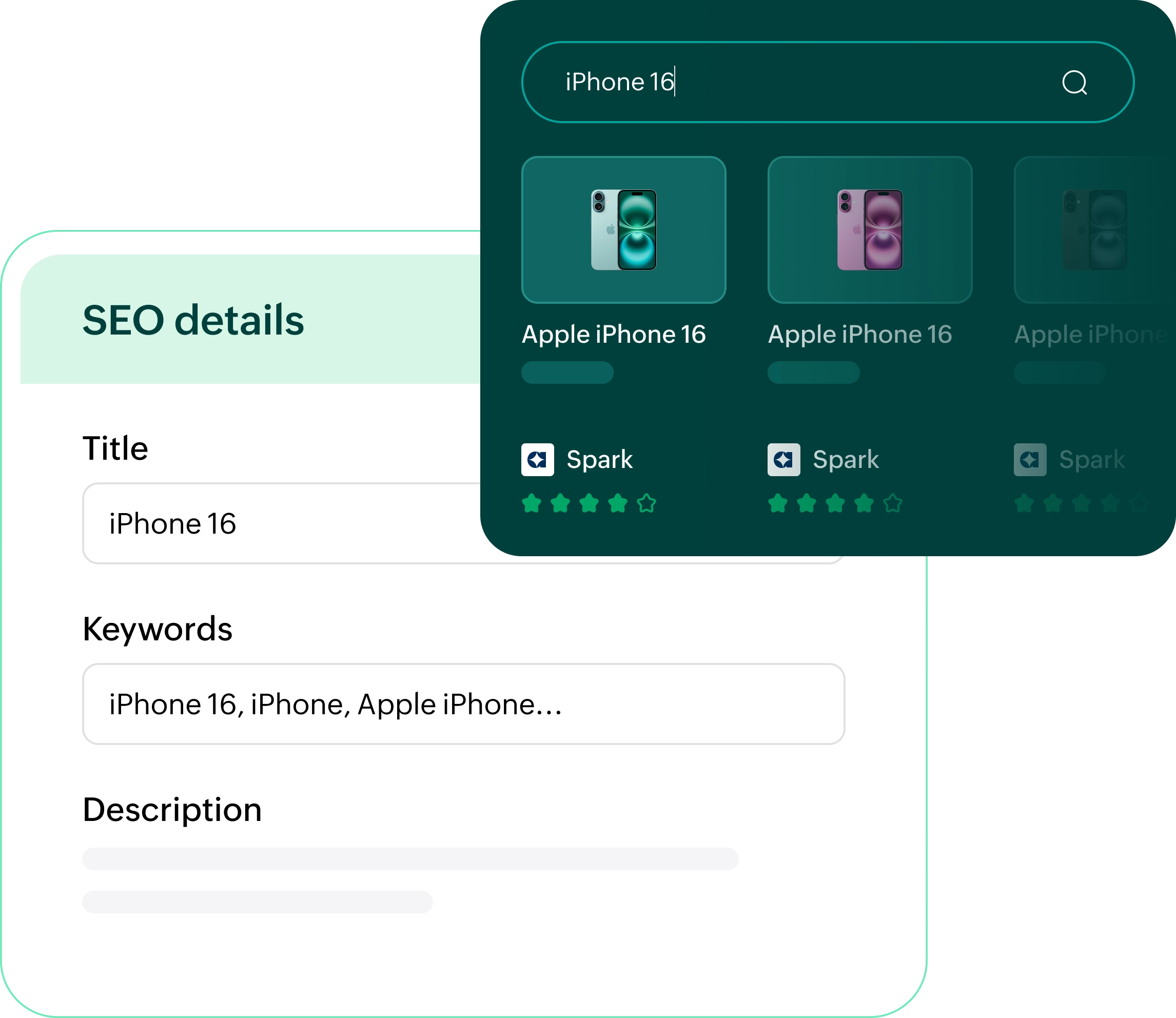 Product SEO settings showing title, keywords, and a search preview for 'iPhone 16' with multiple product results