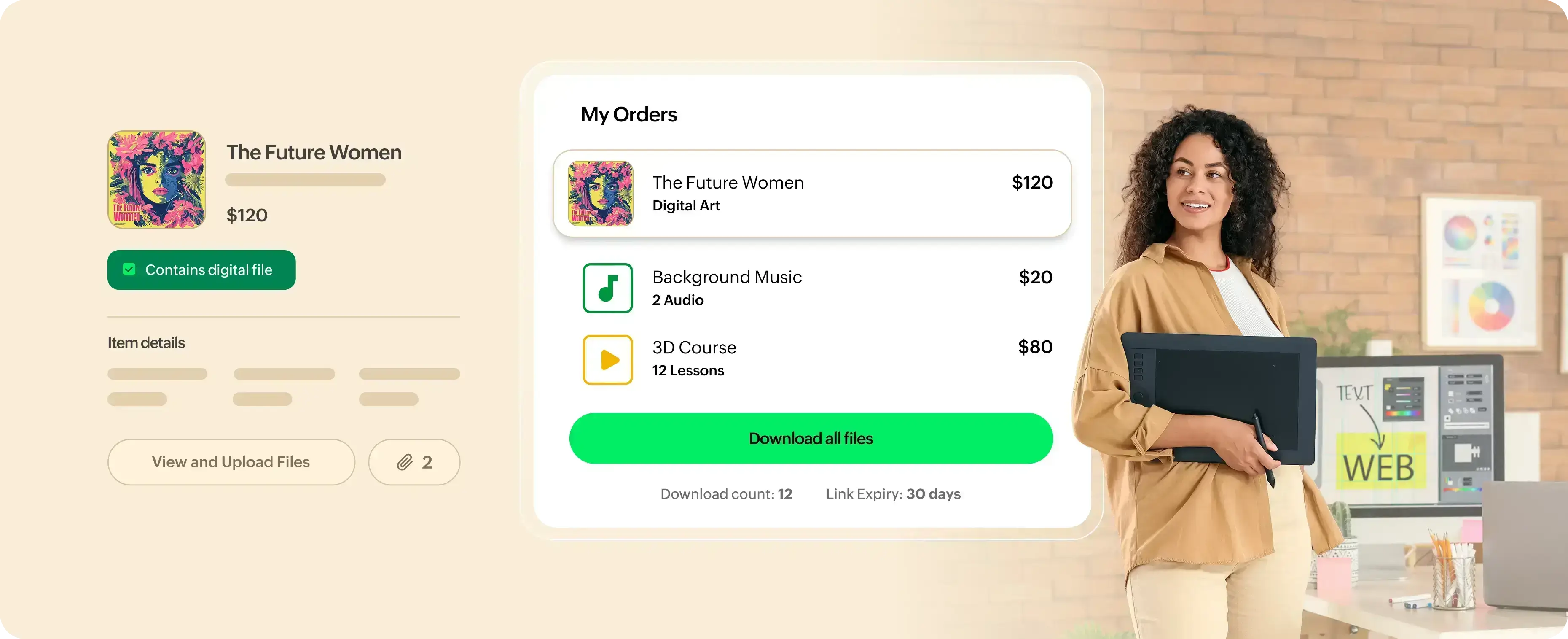 Digital product sales dashboard showing orders, downloads, and a woman working on a computer.