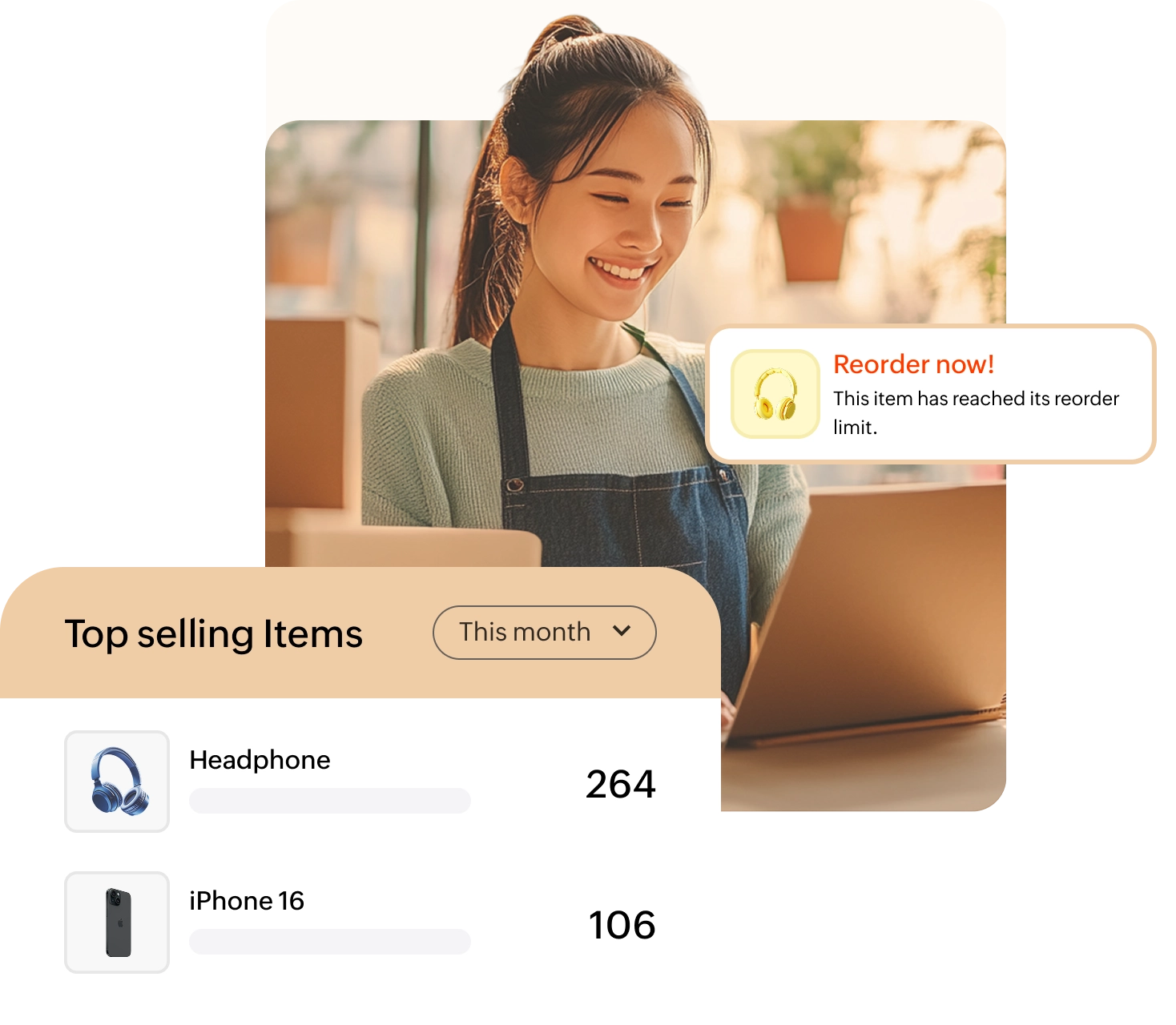 A dashboard titled 'Top Selling Items' showing a list of products and their sales quantities for this month
