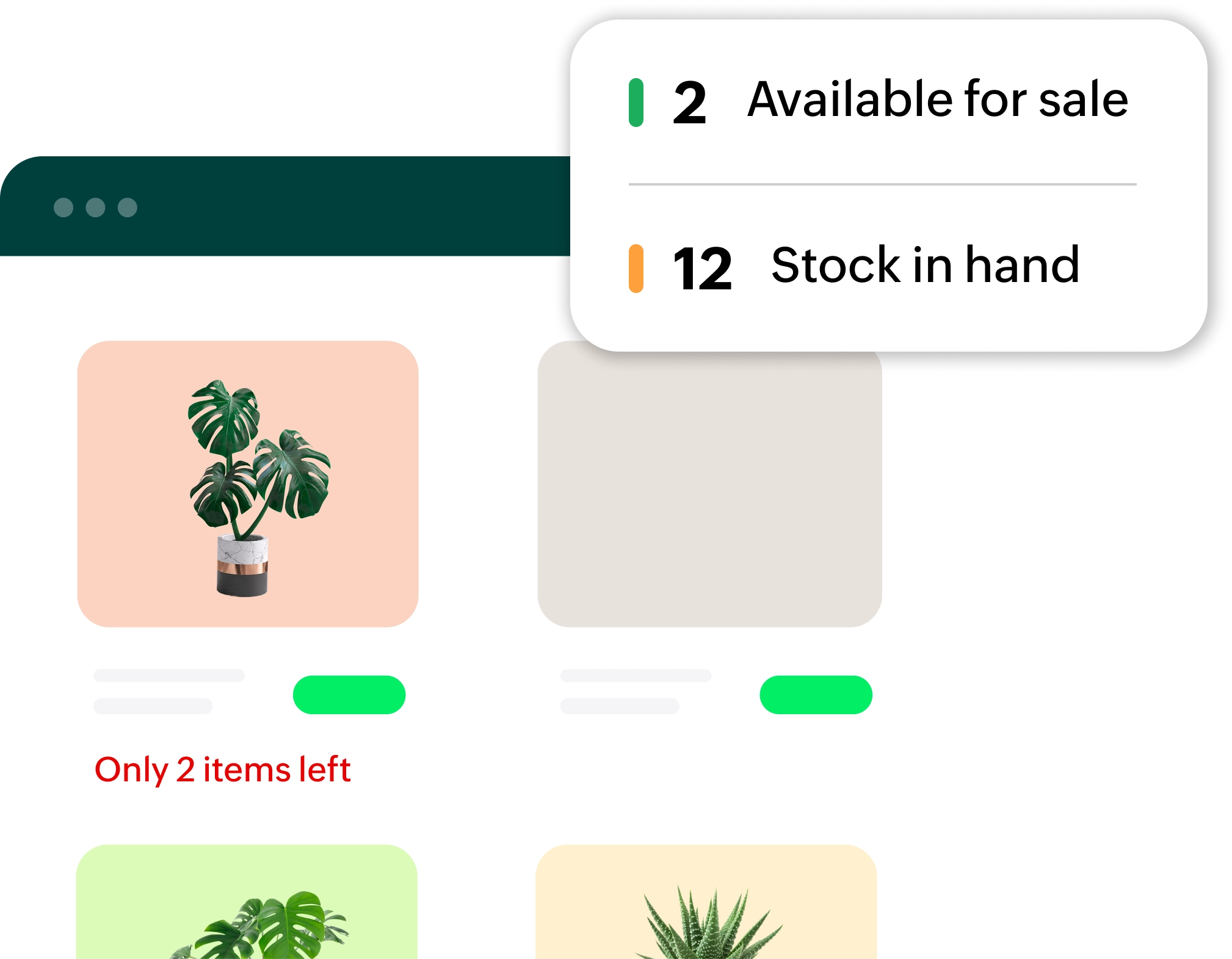 Inventory status showing items for sale and current stock.