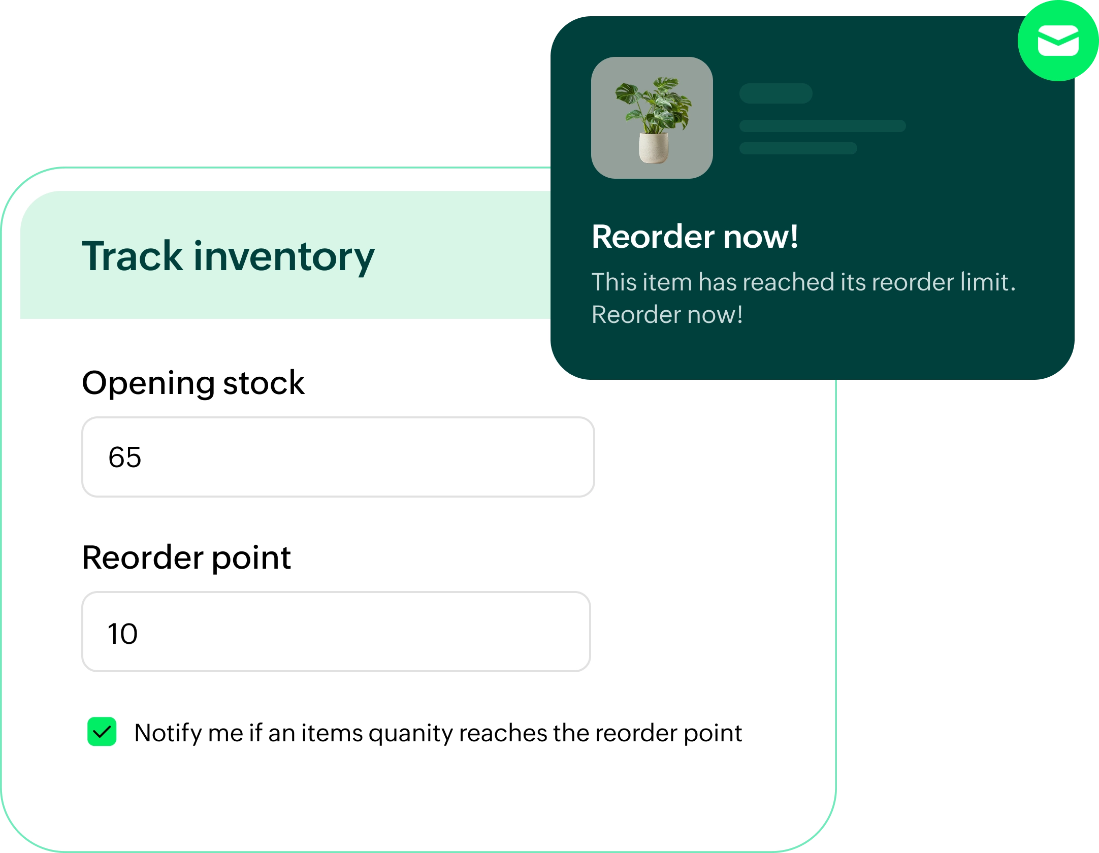 An inventory tracking interface showing 'Opening stock' of 65 and 'Reorder point' of 10, with a checkbox to be notified. A pop-up notification warns Reorder now! This item has reached its reorder limit.