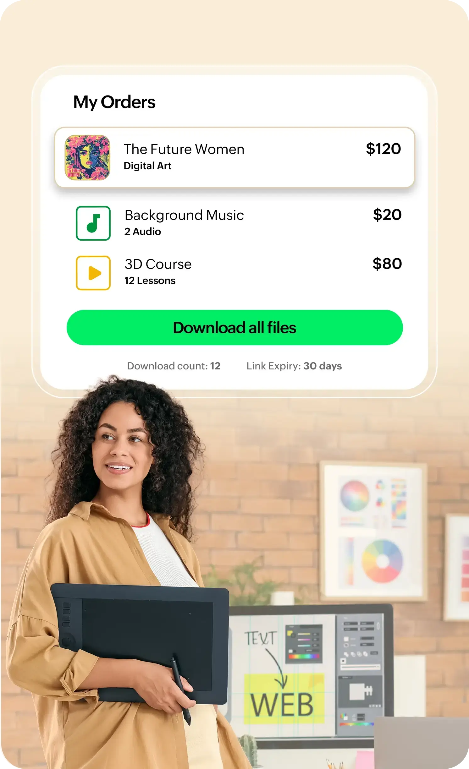 Digital product sales dashboard showing orders, downloads, and a woman working on a computer.