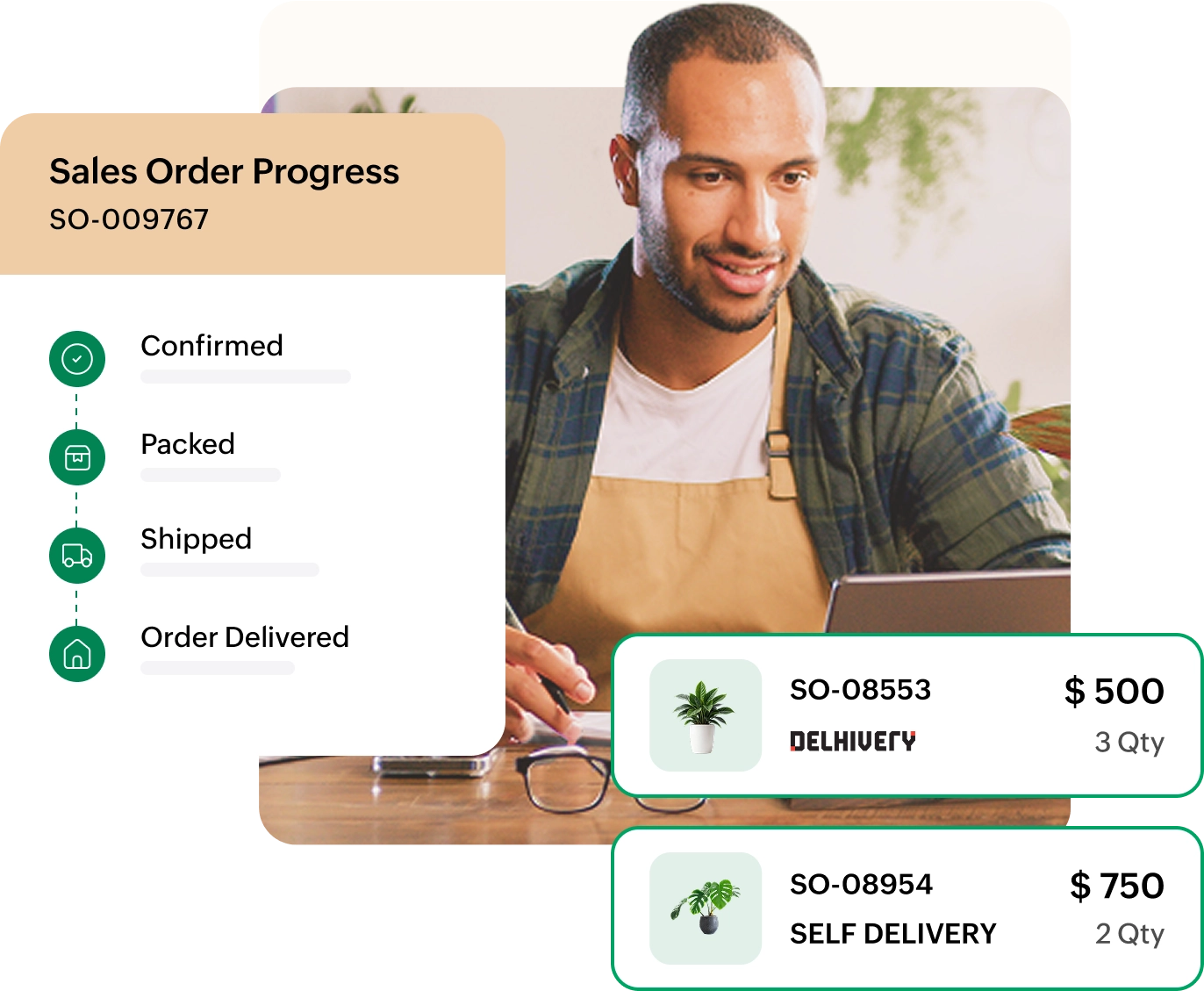 Order progress dashboard with customer and product order details.