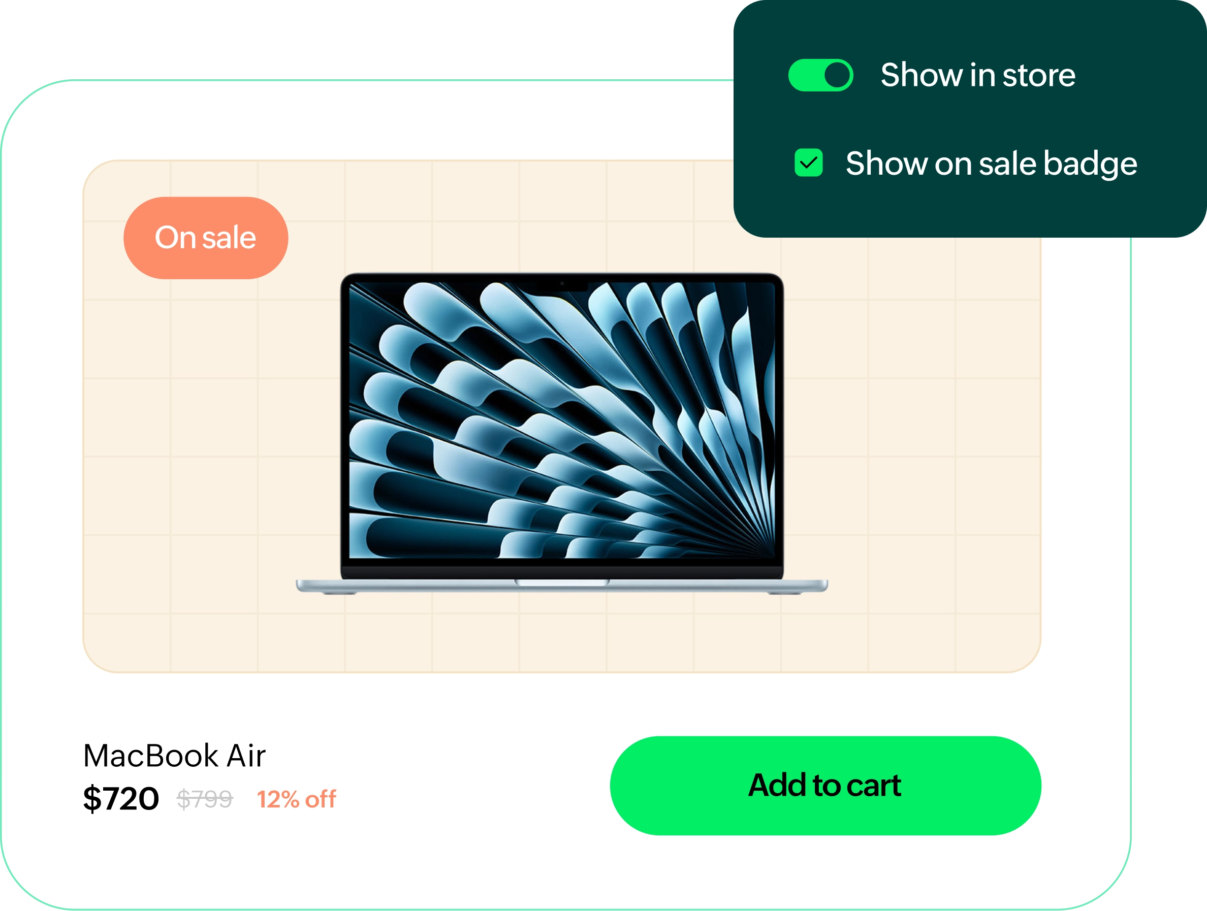 Product page showing MacBook Air on sale with price, discount, and toggle options for store visibility and sale badge