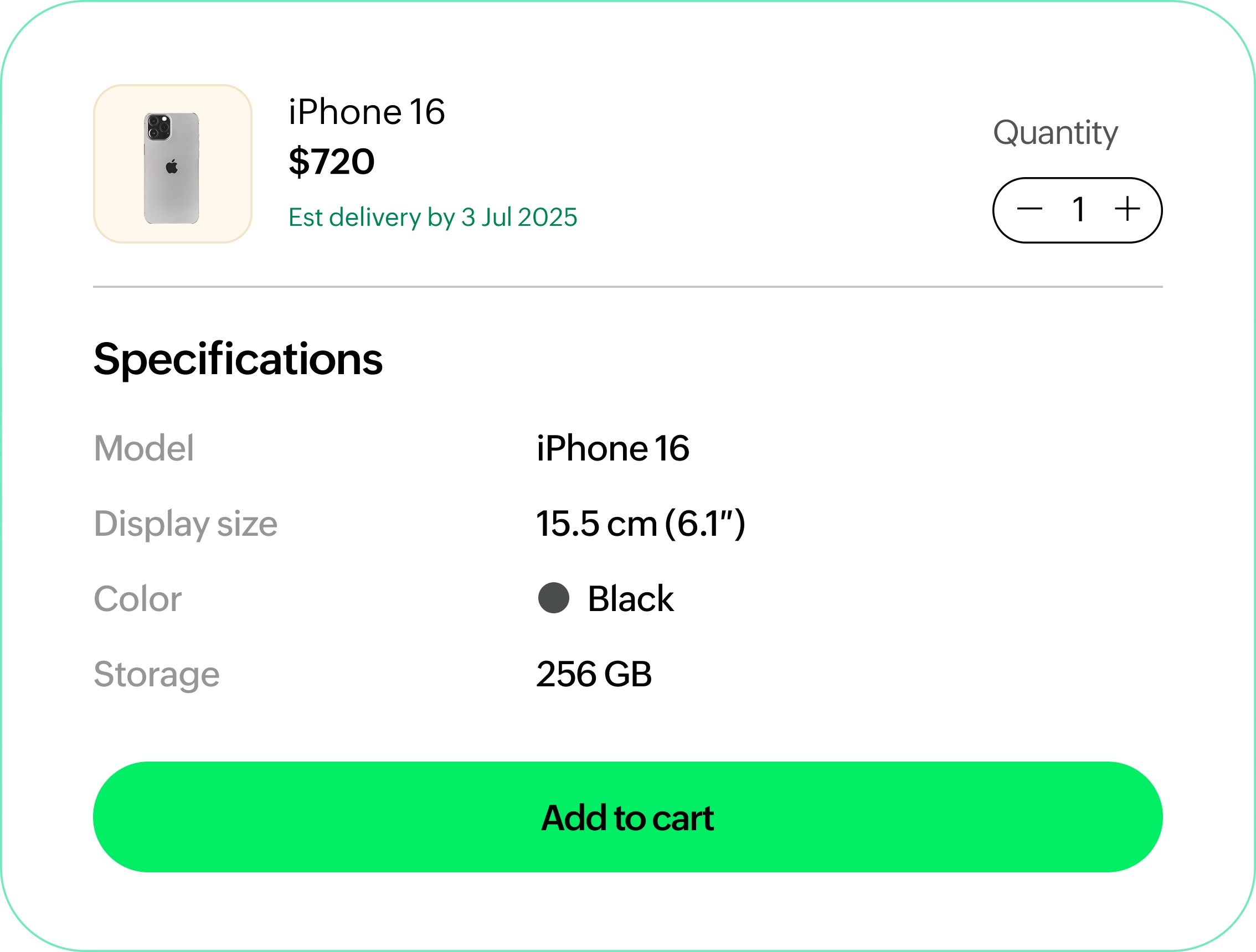 iPhone 16 product page displaying price, estimated delivery date, specifications, quantity selector, and add to cart button
