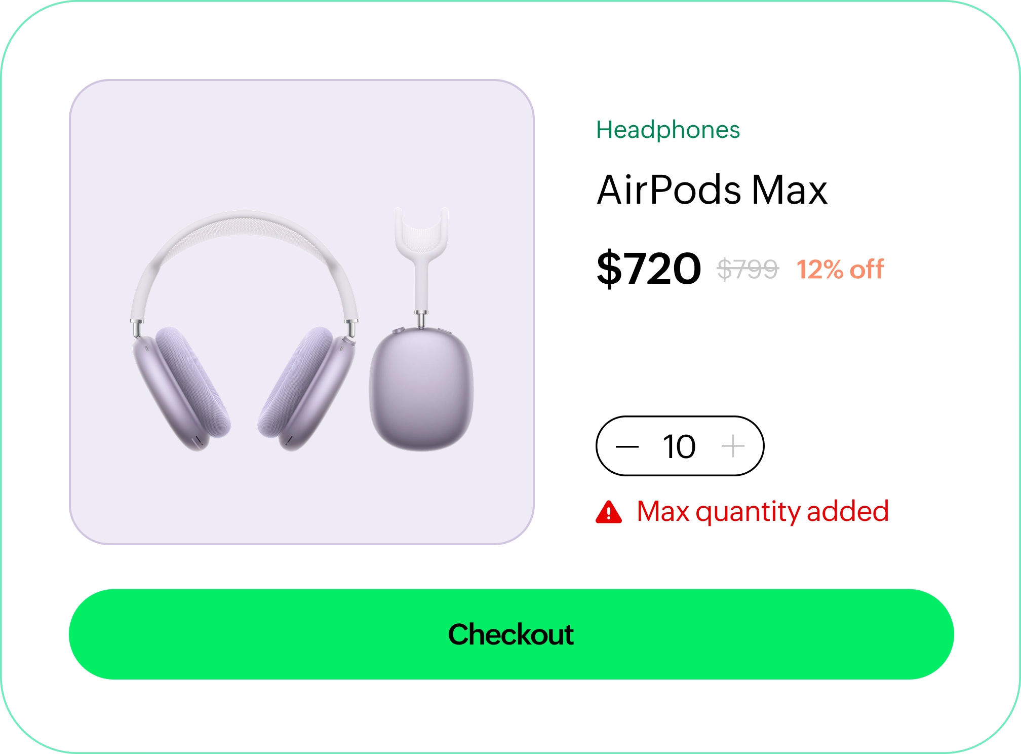 AirPods Max product page with quantity limit warning and checkout button after max quantity is reached
