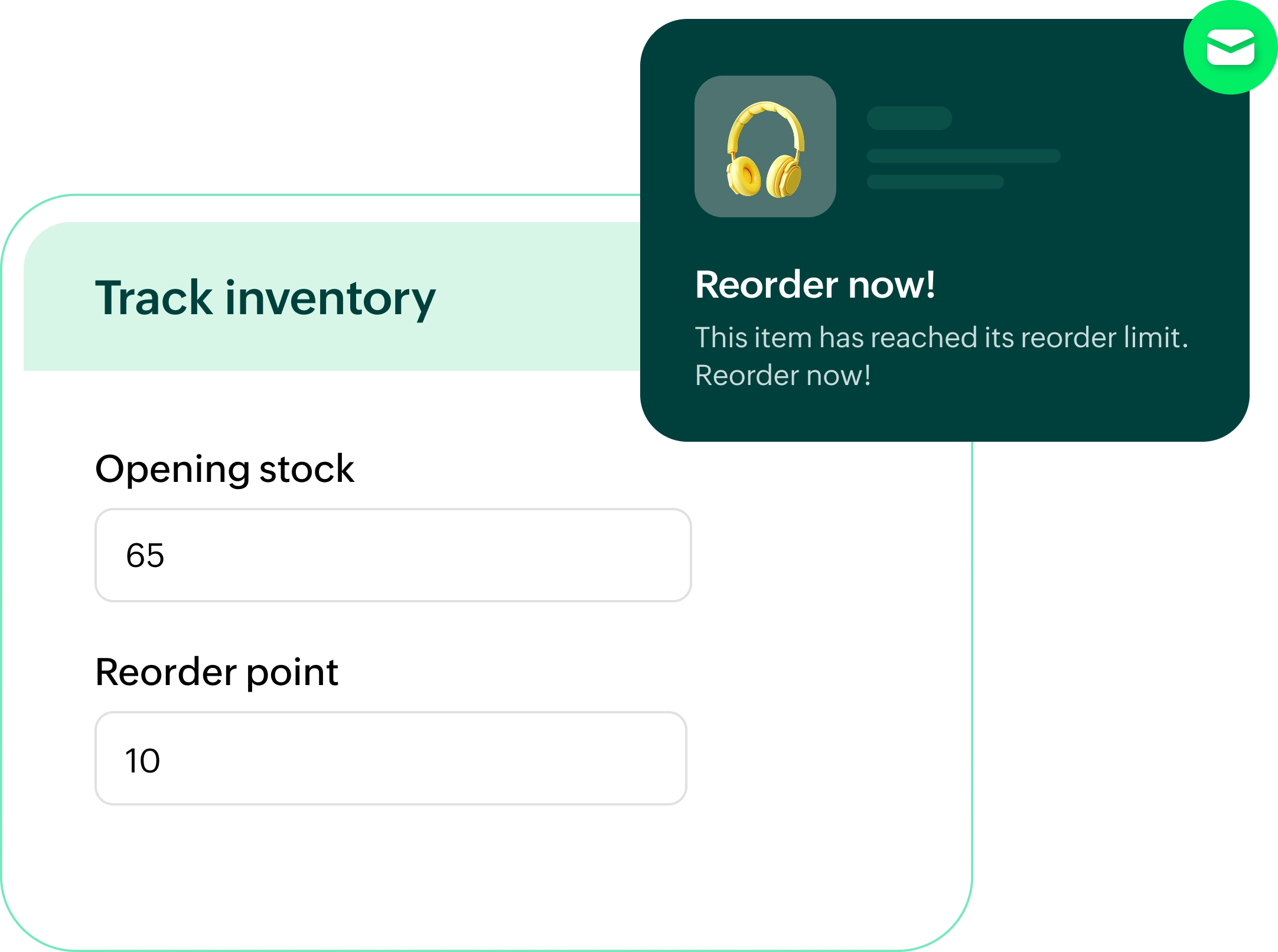 Inventory tracking screen showing stock levels and a reorder alert notification for headphones
