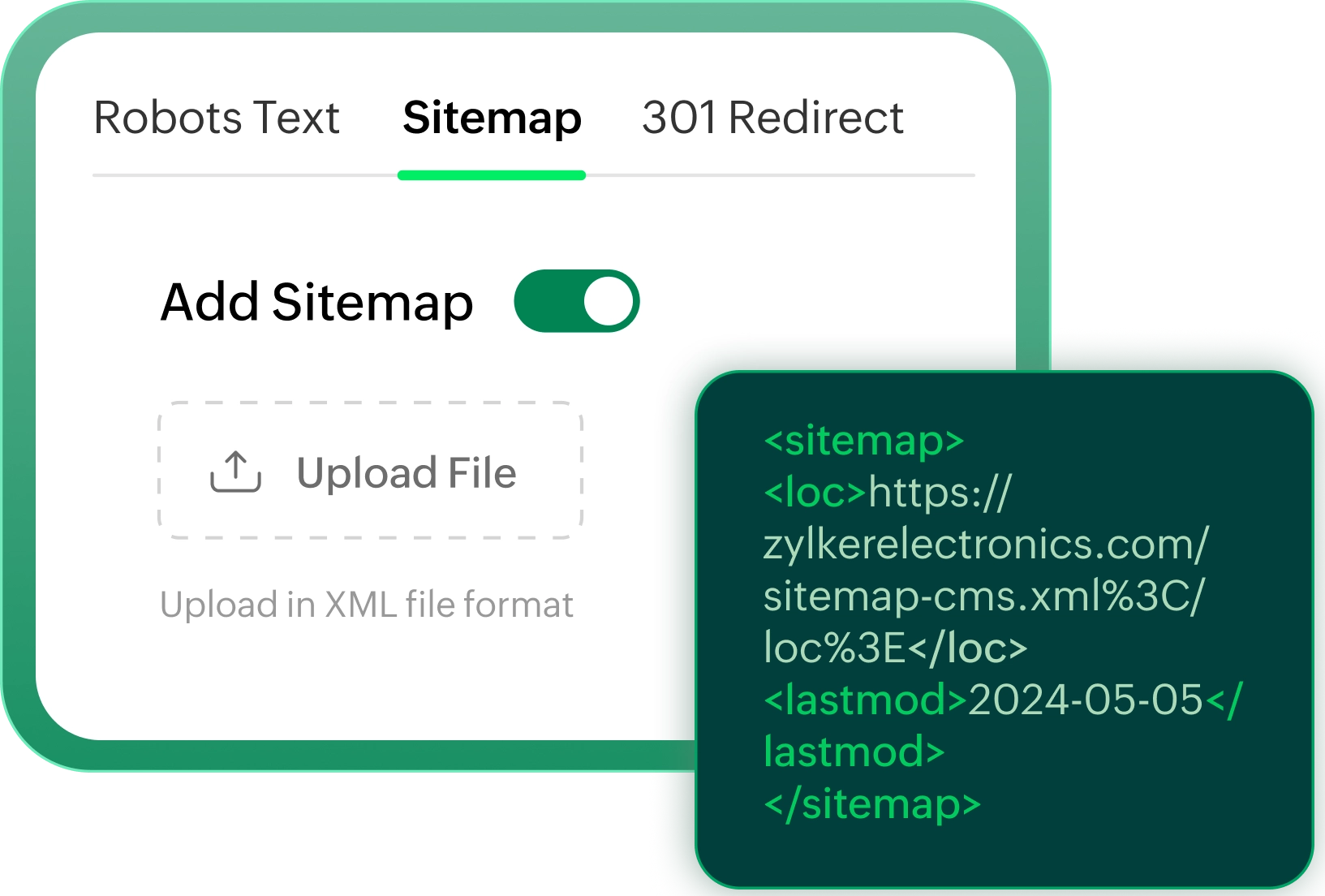 Sitemap management UI with an XML file example.