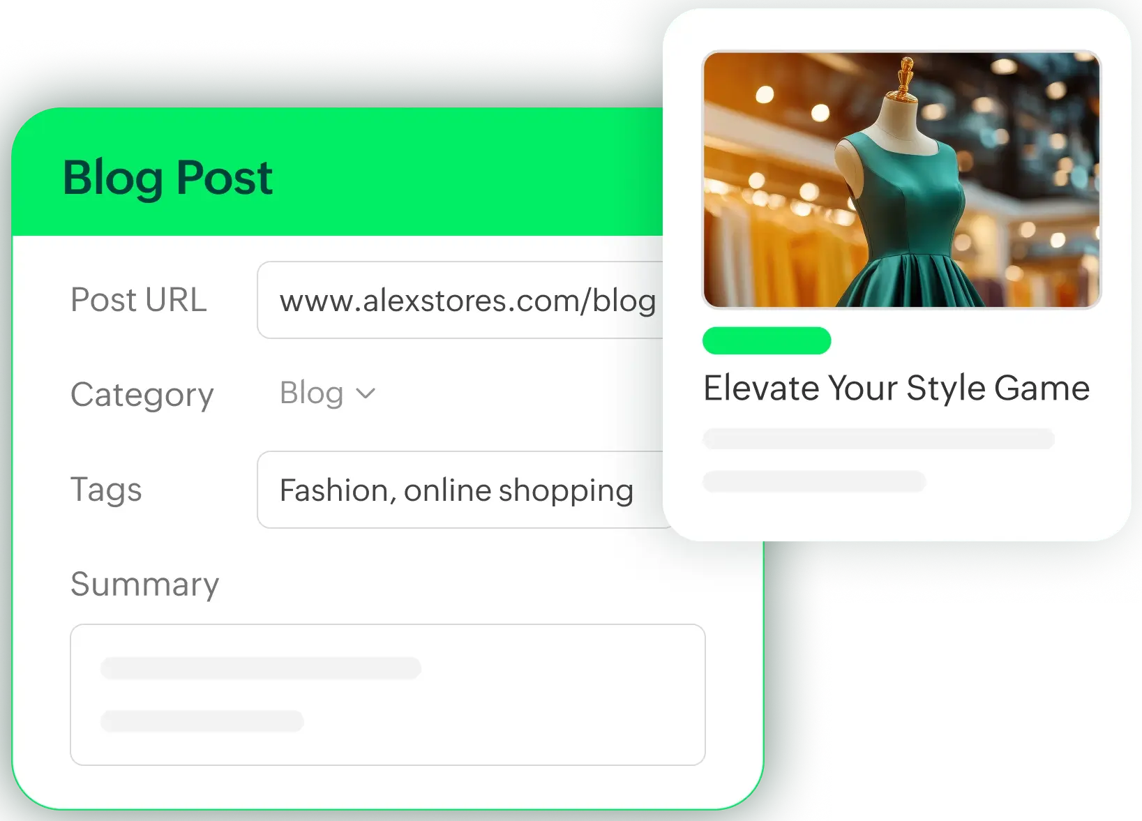 Blog post settings panel with URL, category, tags, and preview of a fashion blog post.
