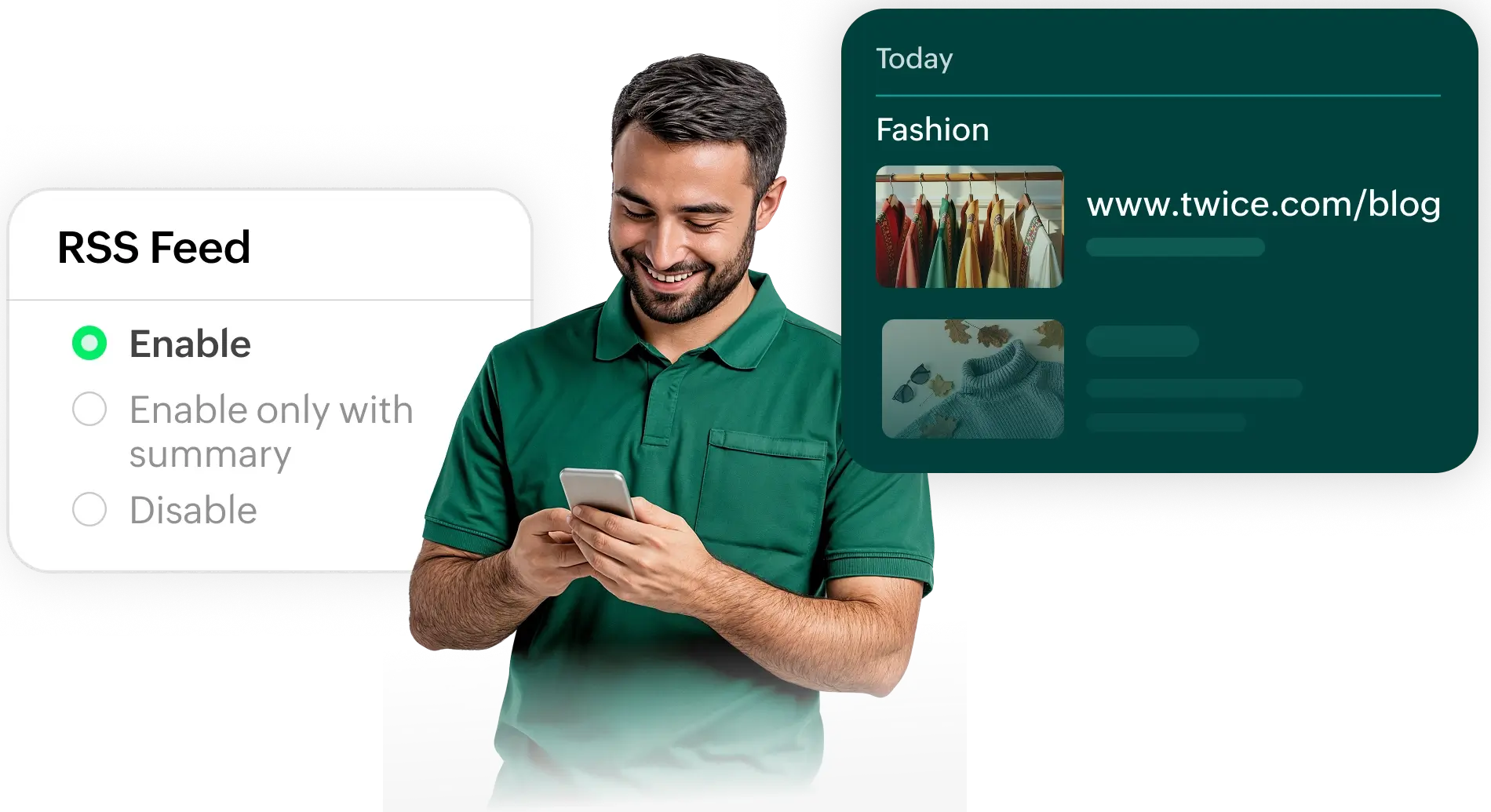 A man smiles, engaged with his phone, as an RSS feed option box (showing 'Enable' selected) and a side panel featuring a fashion blog are displayed.