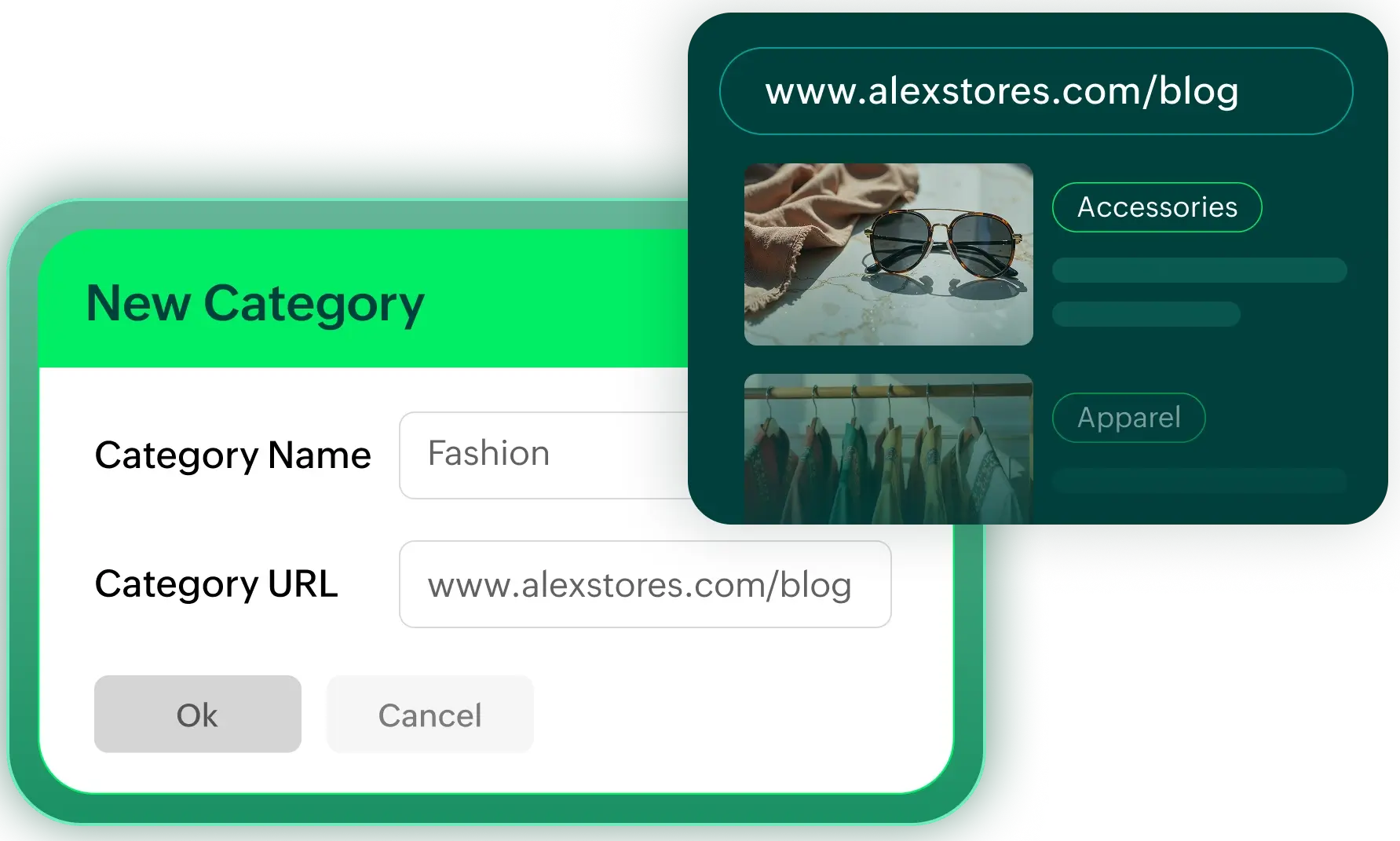 New blog category setup with preview of fashion-related categories.