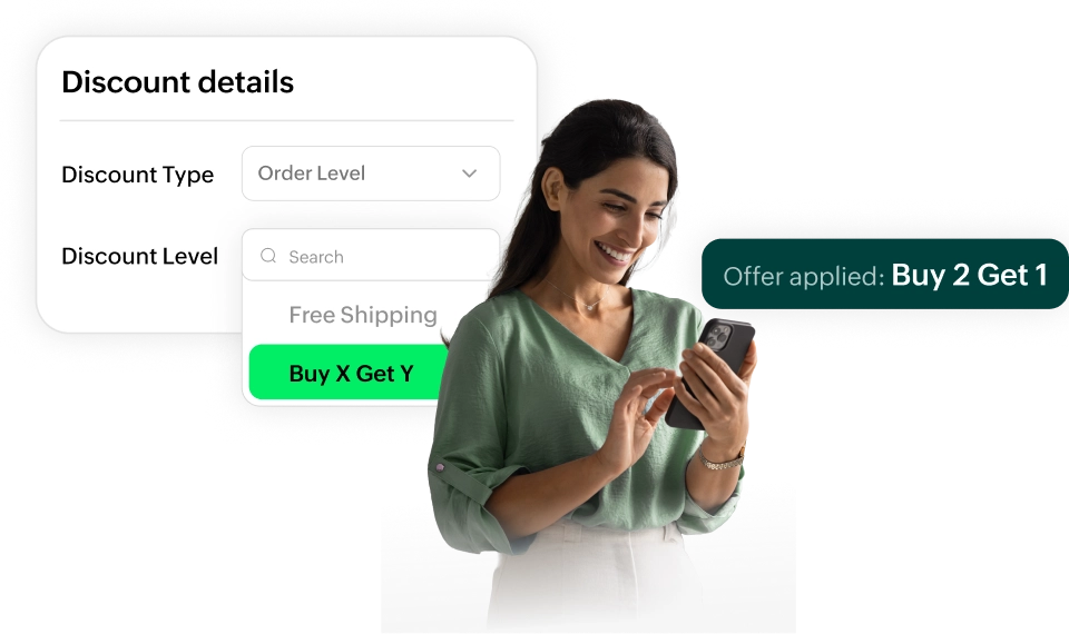 A person holding a phone with a checkout screen showing Buy 2 Get 1 as an applied offer, demonstrating various coupon types.
