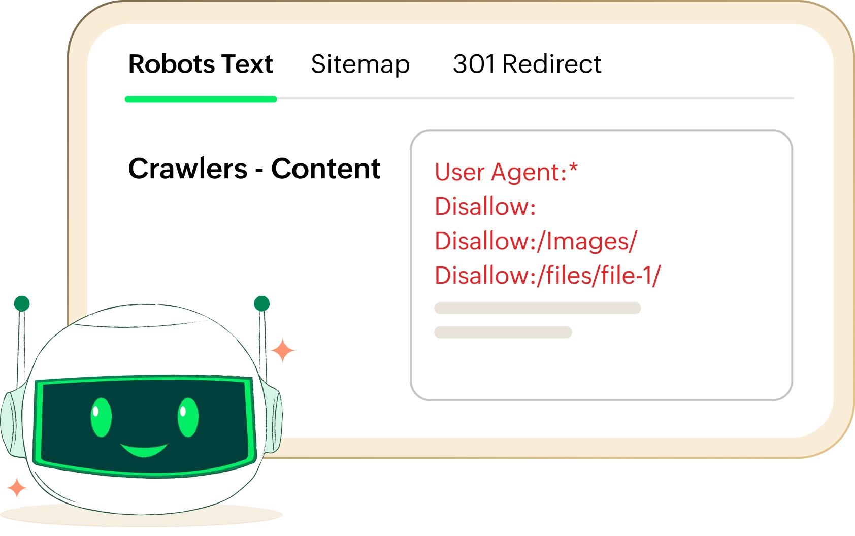 Robots.txt configuration showing crawler content with 'User Agent' and 'Disallow' rules, alongside a cheerful robot mascot.