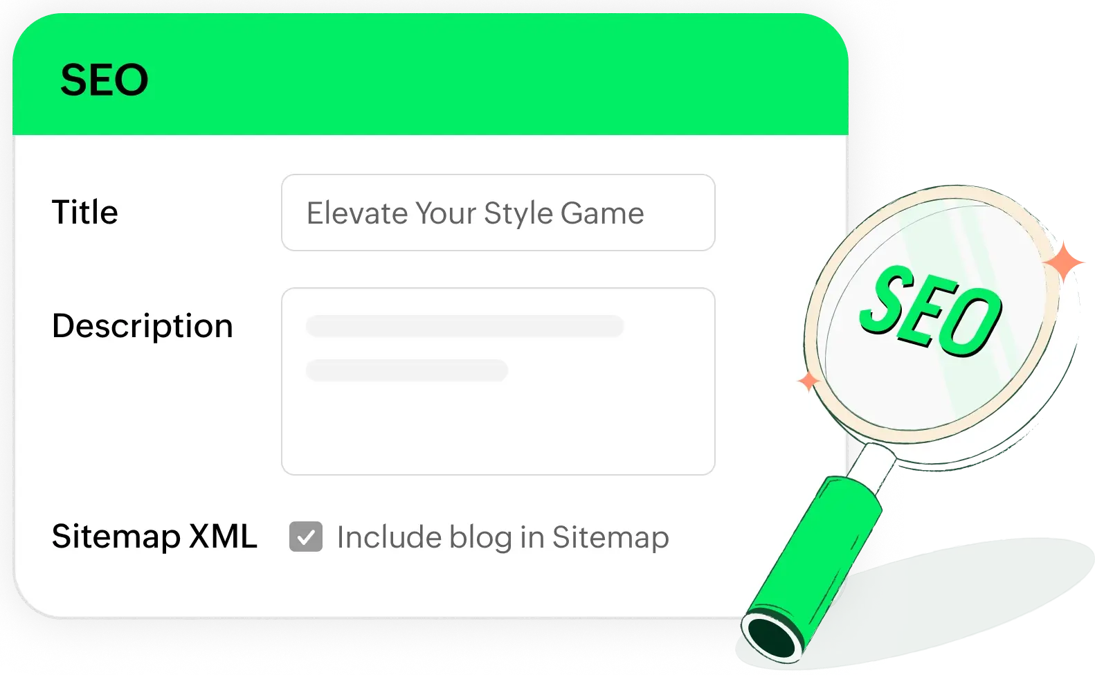 SEO settings with blog title, description, and sitemap inclusion option.