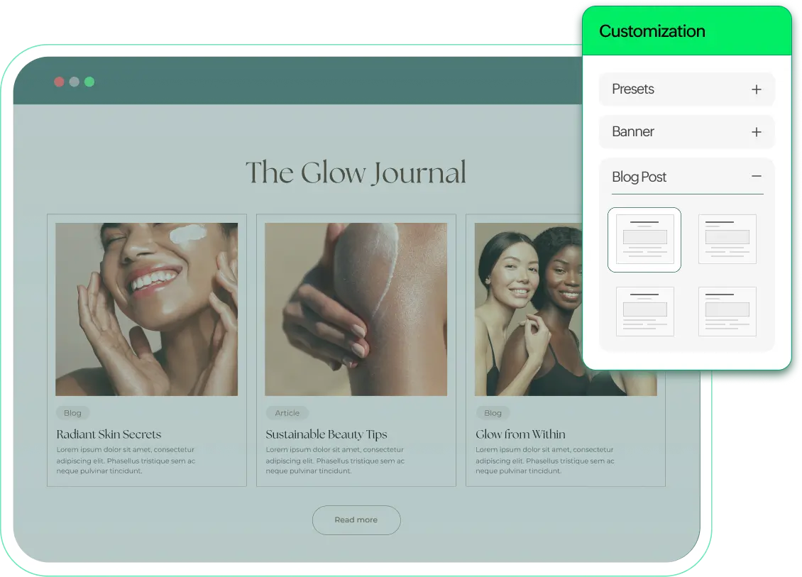 Blog customization panel with layout presets and sample blog posts displayed