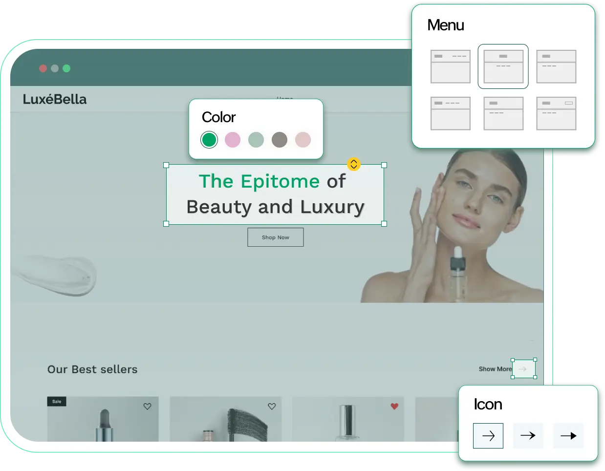 Ecommerce store editor showing customization options for menu layout, text color, and button icon on a beauty brand homepage