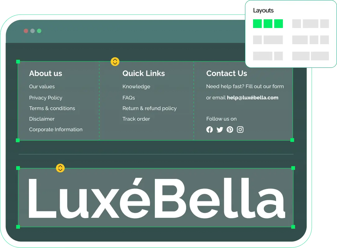 Website footer editor displaying layout customization options for branding and links.