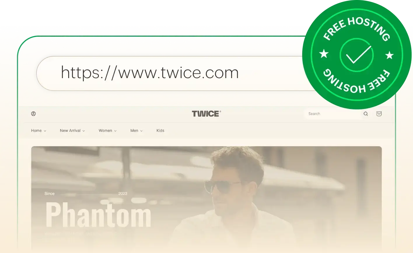 A browser window showing a website and a 'Free Hosting' badge.
