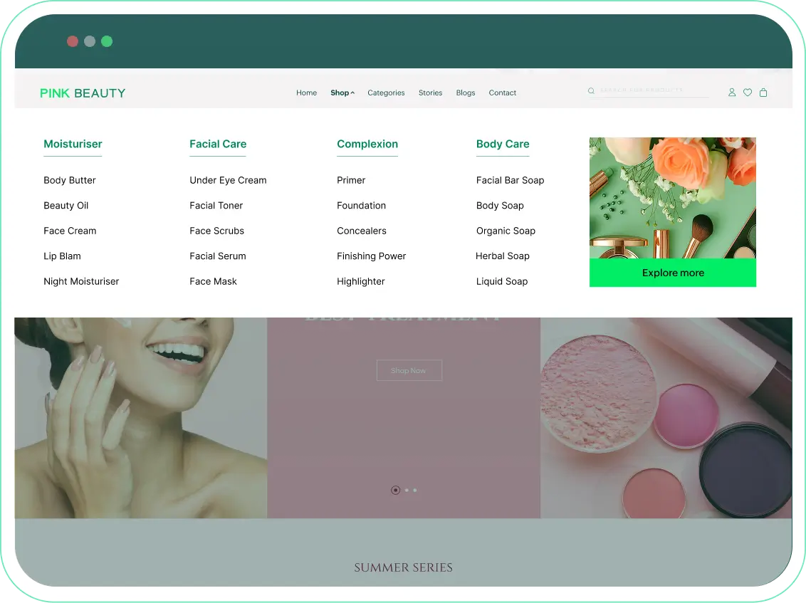Beauty website menu with skincare and body care categories.