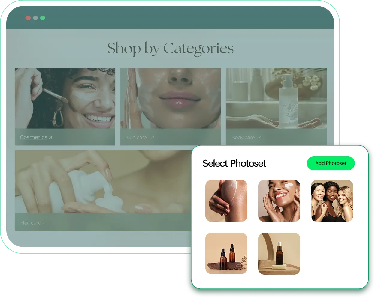 Shop by Categories section with skincare image tiles and a popup to select a photoset