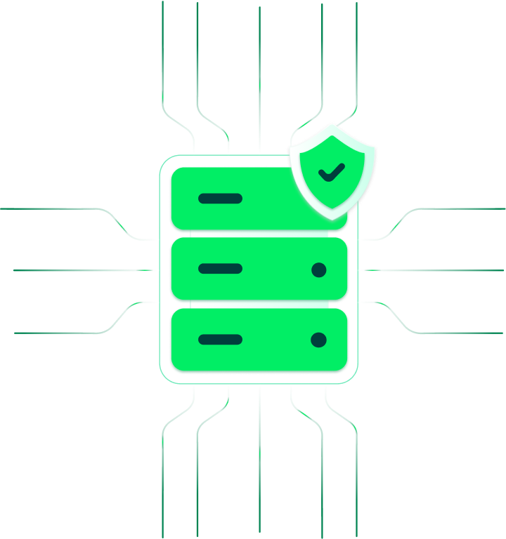 An illustration of robust server infrastructure with security shield.