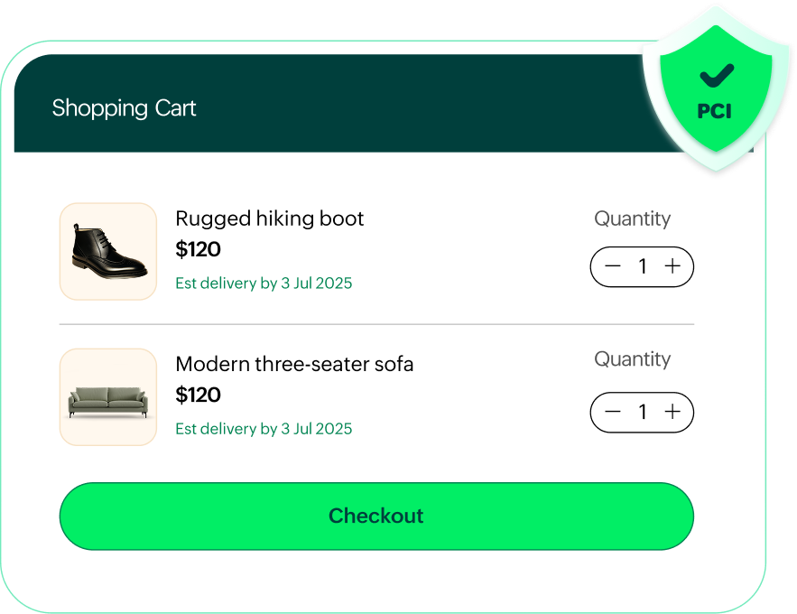 An illustration showing a secure payment gateway and compliance badges.