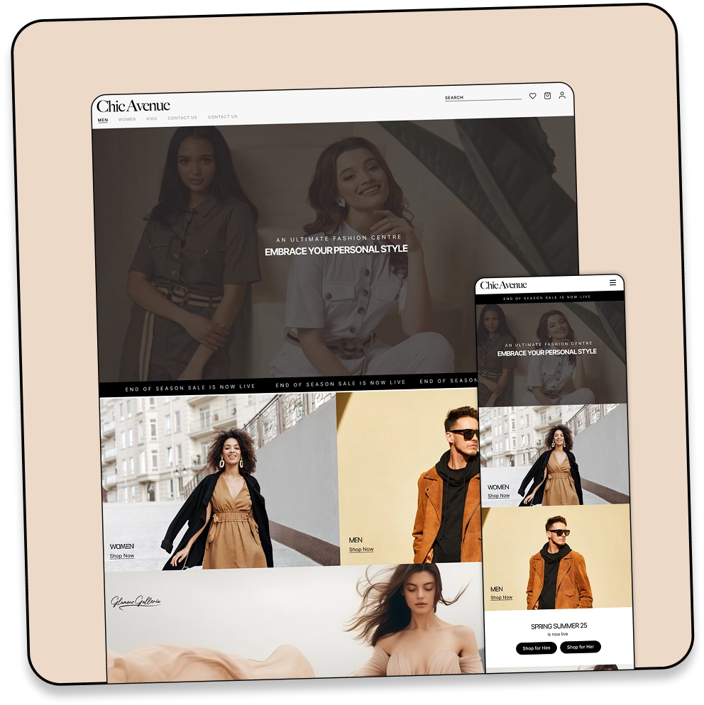 Theme preview showing a fashion website with models.