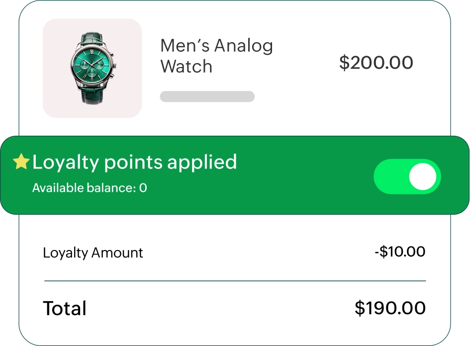 Apply loyalty points toggle on checkout with analog watch image.