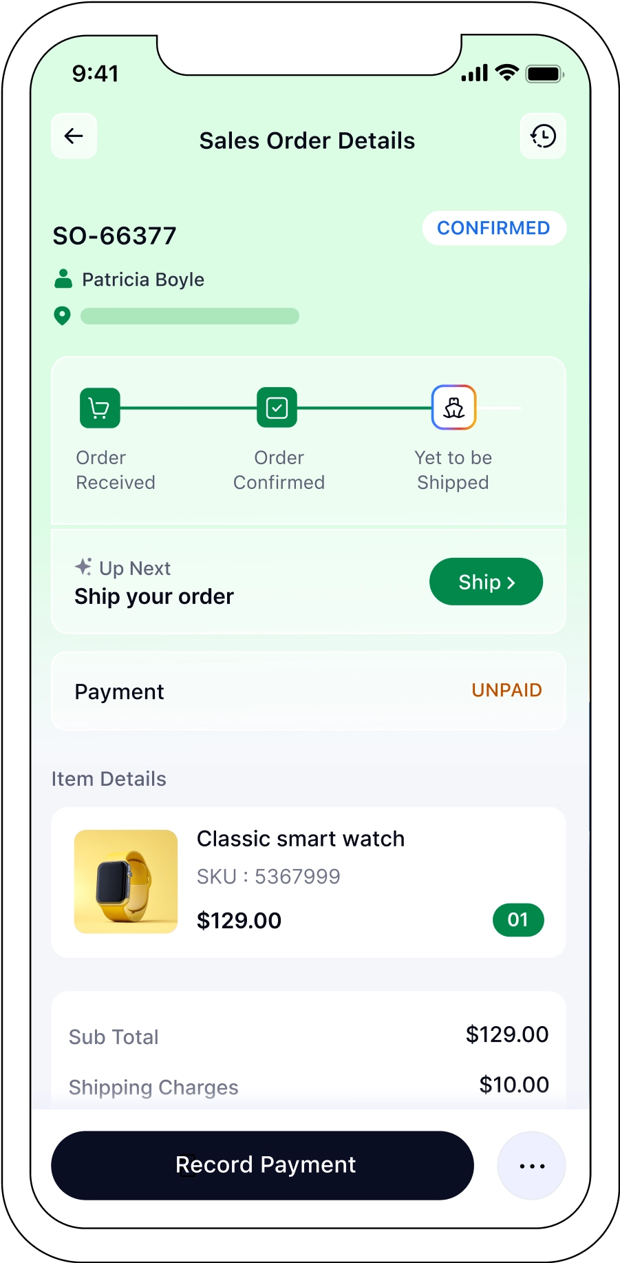 Mobile phone screen showing order notifications from Zoho Commerce