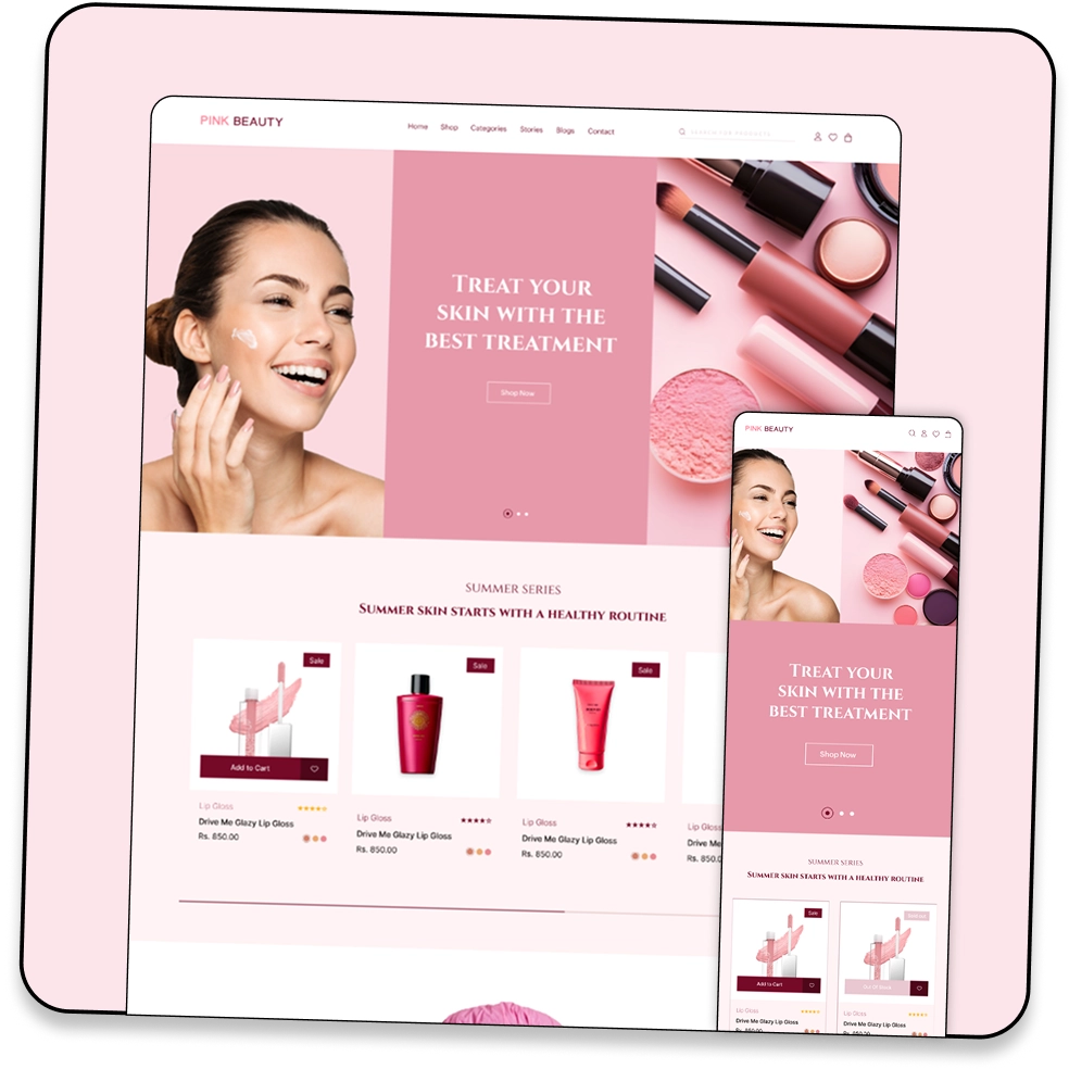 Theme preview showing a pink beauty site.