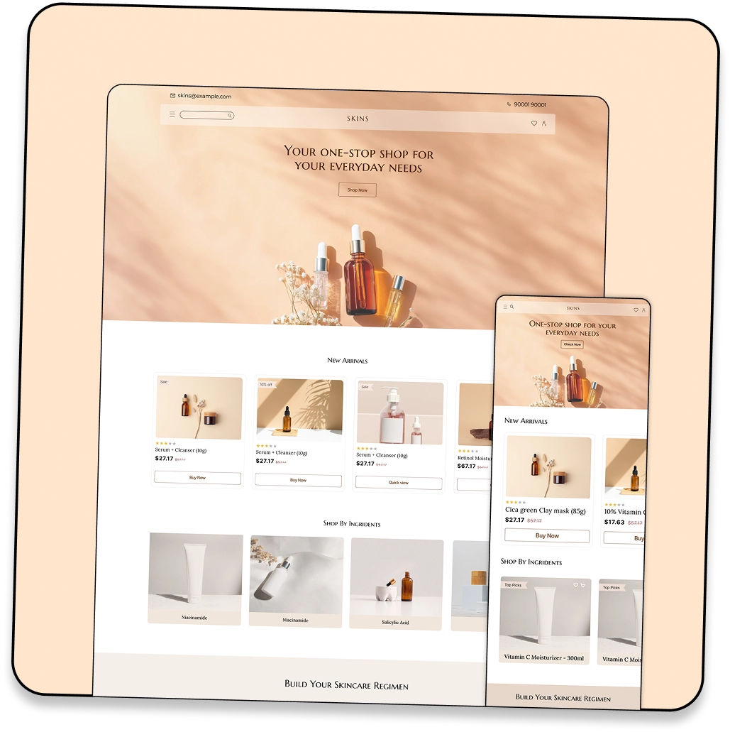 Theme preview showing a website with beauty product displays.