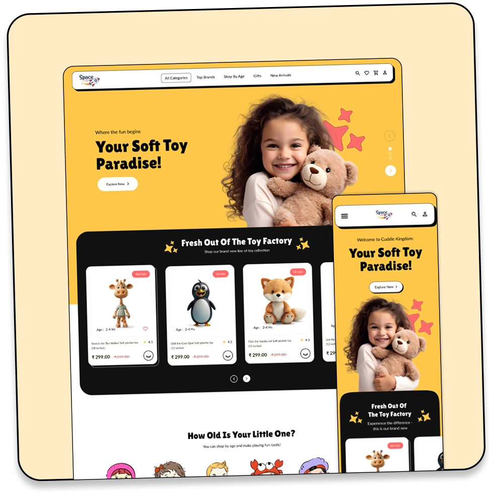 Theme preview showing a colorful toy store website.