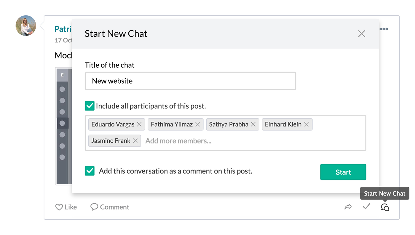 Start conversations with a post, continue them in chat.