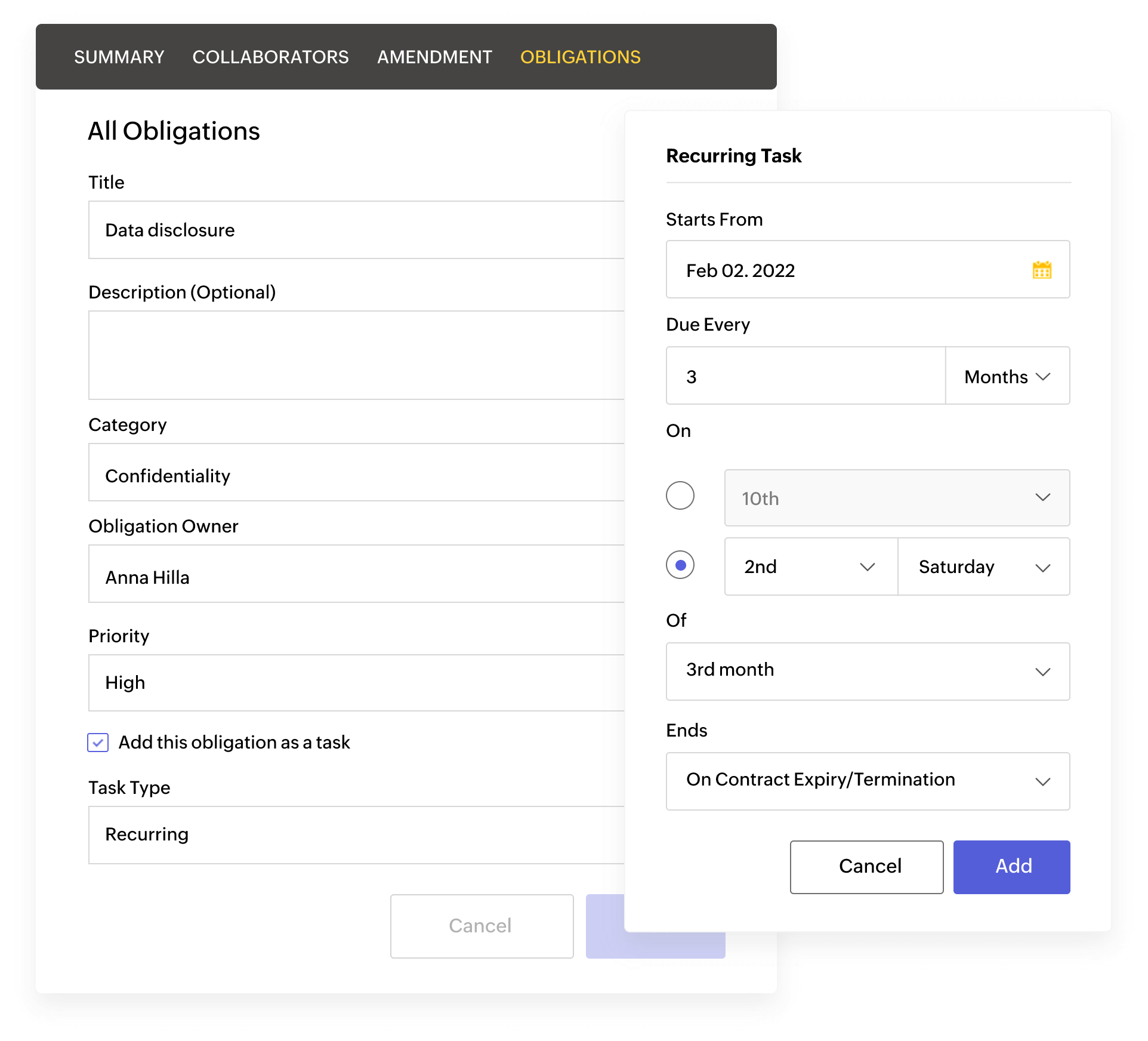 Contextual obligation management in Zoho Contracts