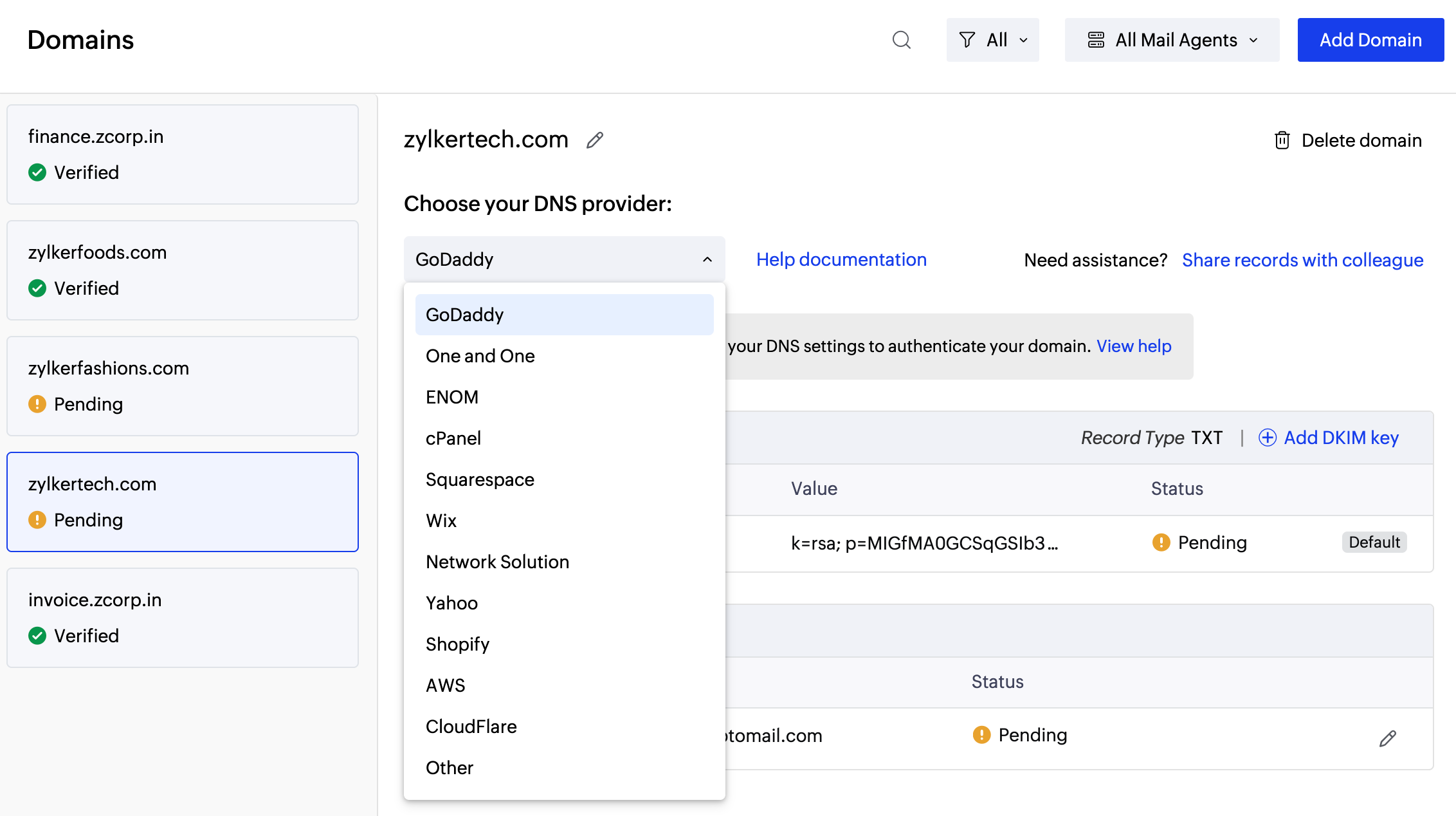 List domains from the drop-down