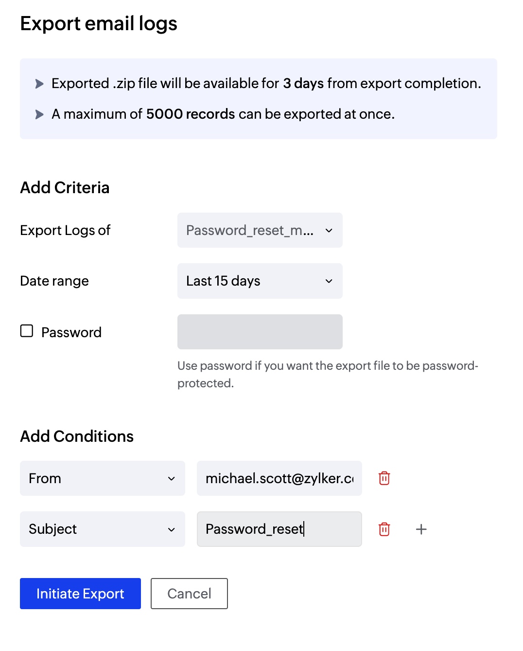 Export email logs dialog box