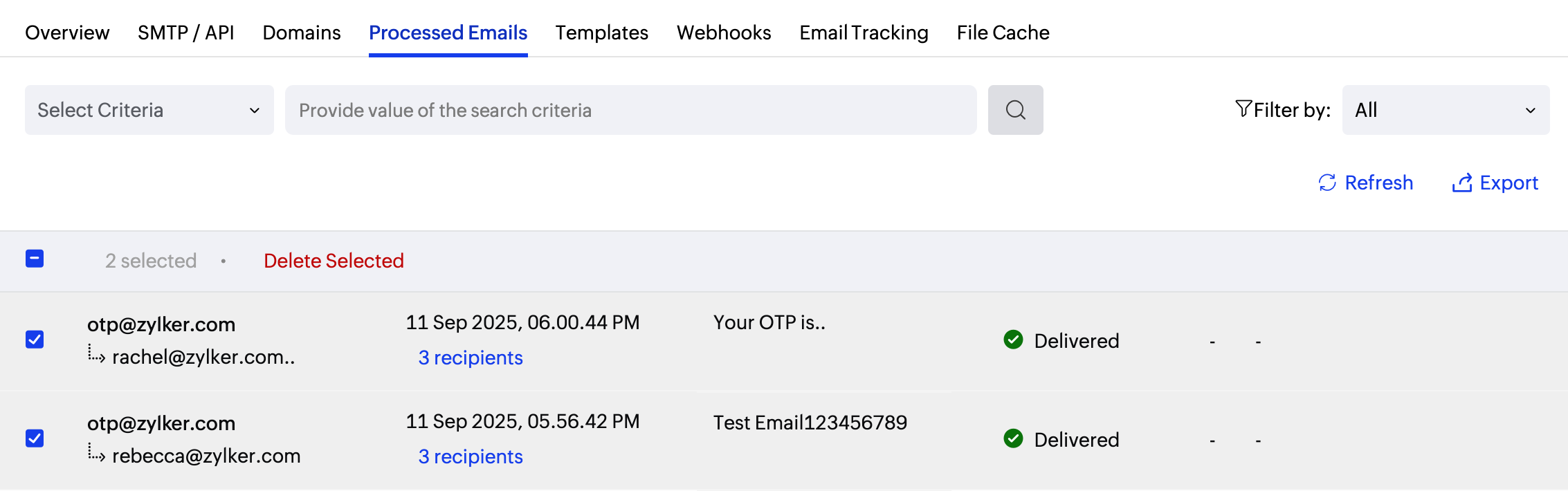 Processed emails delete multiple