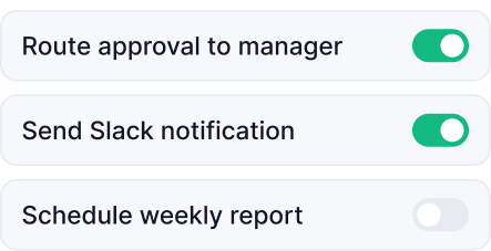 Workflow rules: route approval to manager, send Slack notification, schedule weekly report